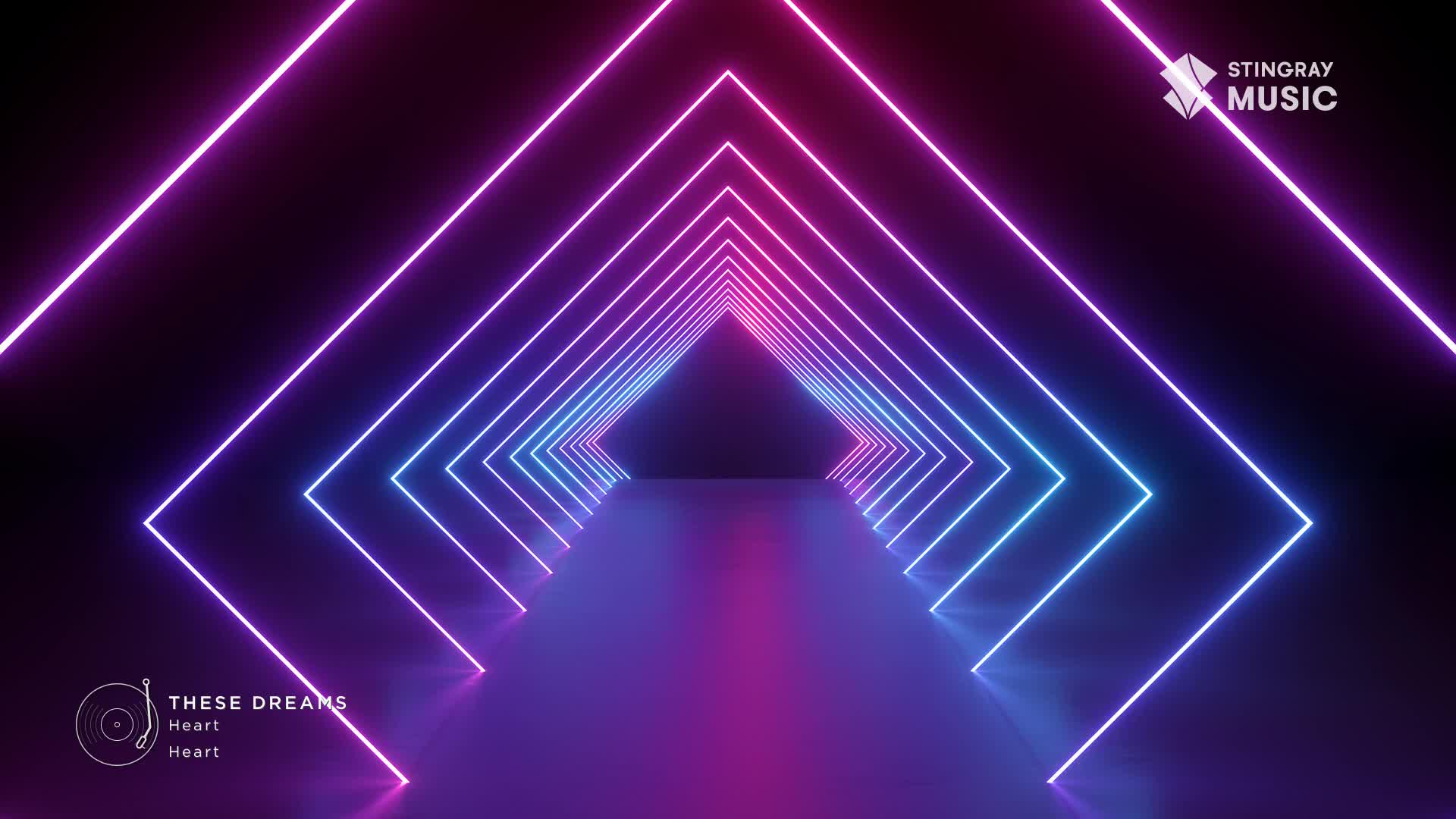 Neon lines, pink and blue, create a receding tunnel, like a portal to a Stingray Everything '80s dream. The glowing path reflects on the glossy floor, leading the eye toward a dark, unknown end.
