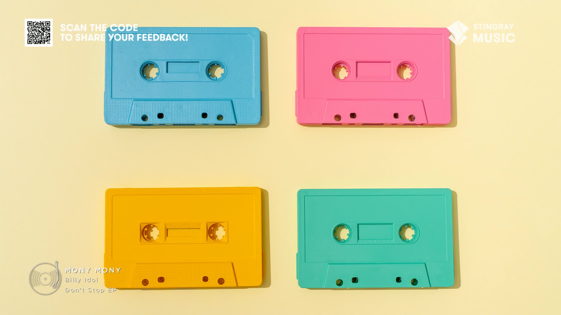 Four brightly colored cassette tapes, in blue, pink, yellow, and teal, are arranged on a pale yellow surface. The Stingray Music logo is visible, and a QR code invites feedback.
