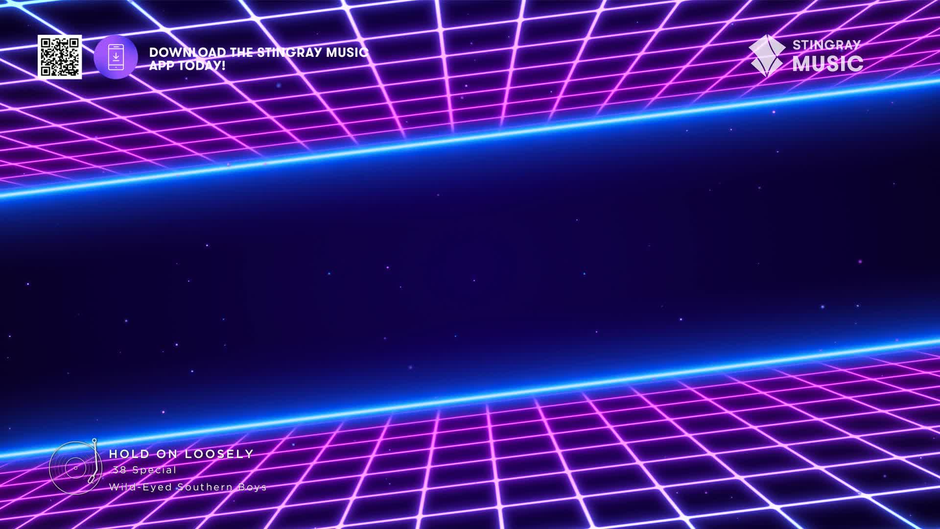 A neon grid, glowing in pink and blue, recedes into a dark space. Below, the song "Hold On Loosely" is playing on Stingray Music, a Canadian station.
