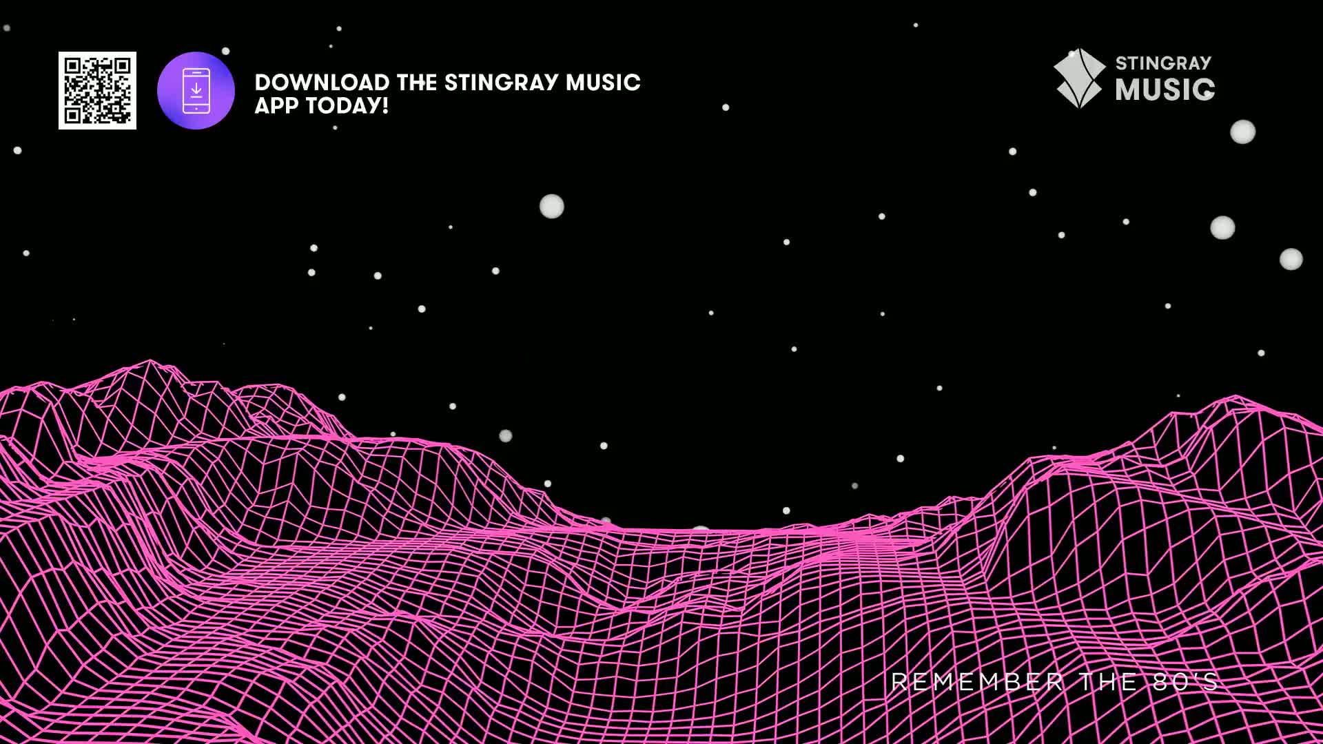 A neon pink grid forms a landscape under a starry night sky, a retro vibe that screams "Stingray Everything '80s." The image, promoting the Canadian music app, feels like a throwback.
