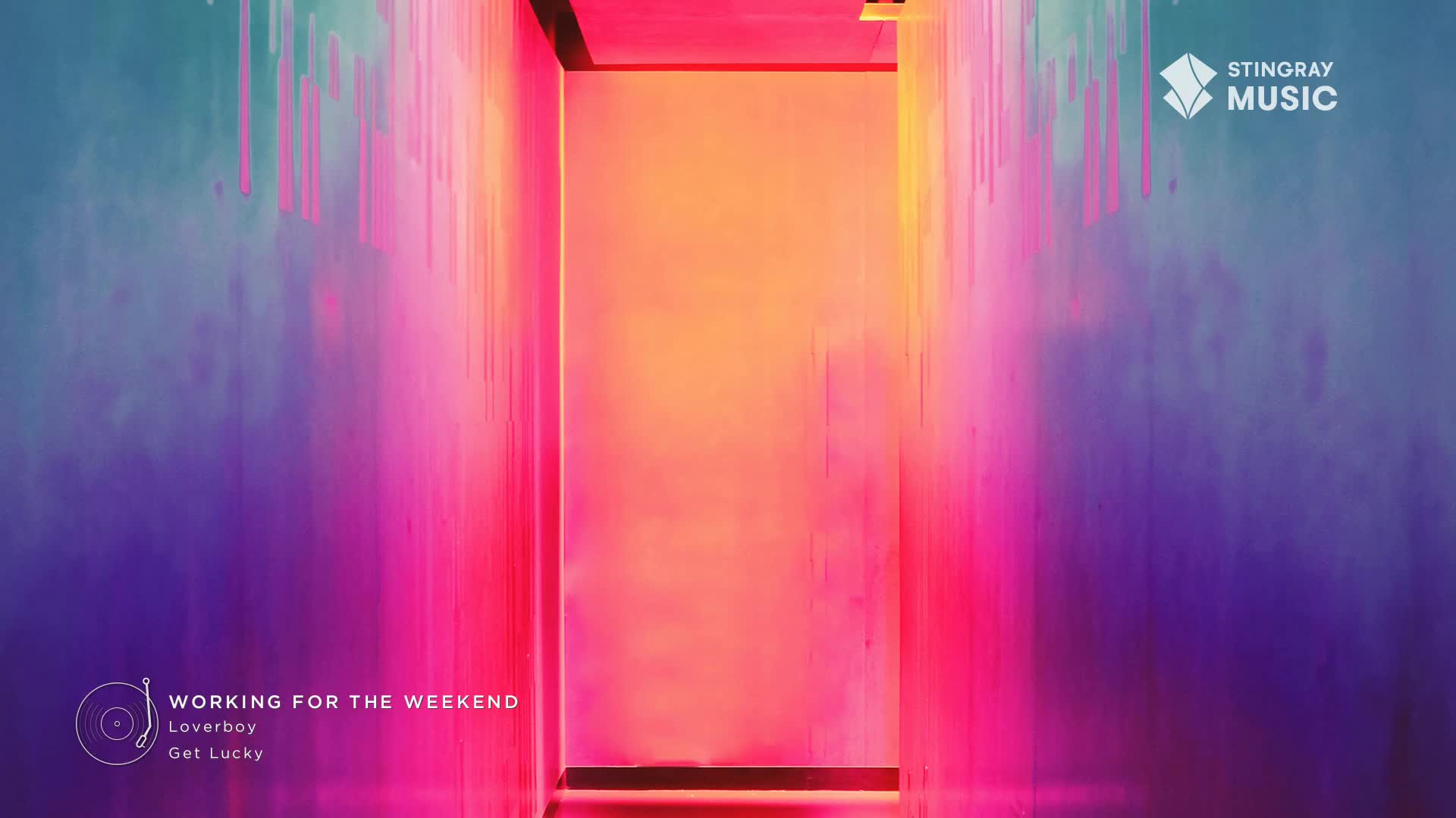 The walls of the hallway are awash in vibrant gradients of pink, purple, and blue. A warm, inviting glow emanates from the end, promising something bright.

