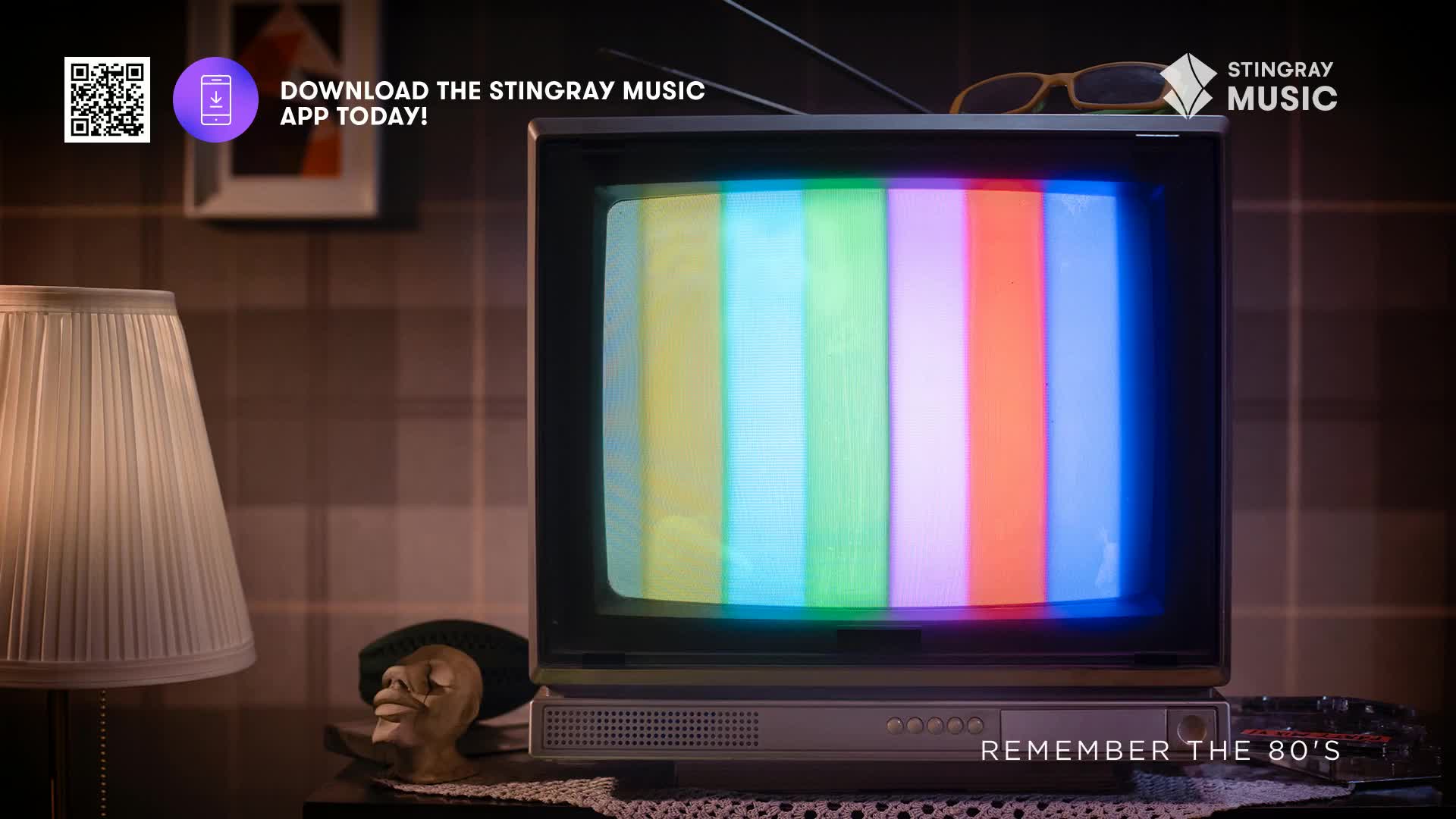 A vintage television displays a test pattern of vertical color bars. The screen sits on a console, a reminder of Stingray Everything '80s and the music of Canada.
