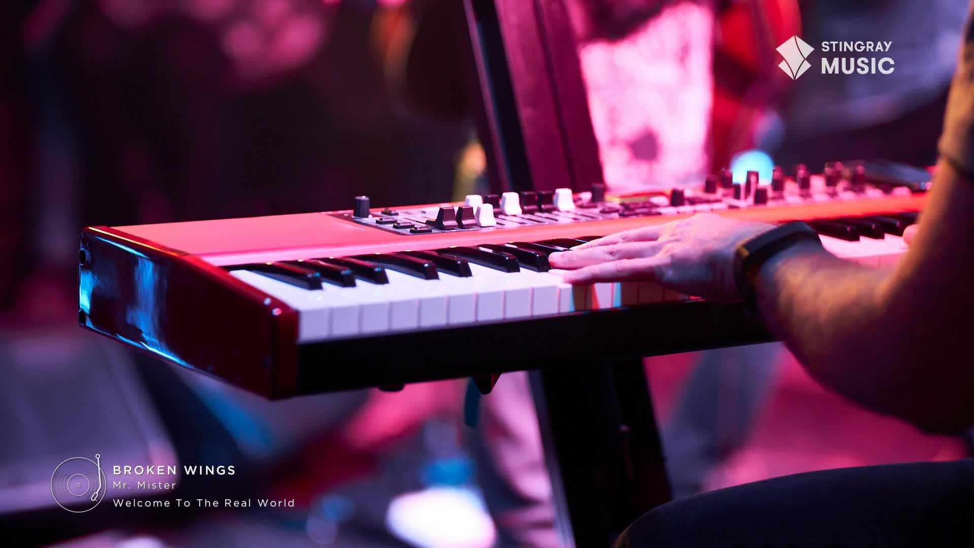 A musician's hand hovers over the keys of a red keyboard, illuminated by stage lights. The "Stingray Everything '80s" logo sits in the corner, and the music of Mr. Mister is about to begin.

