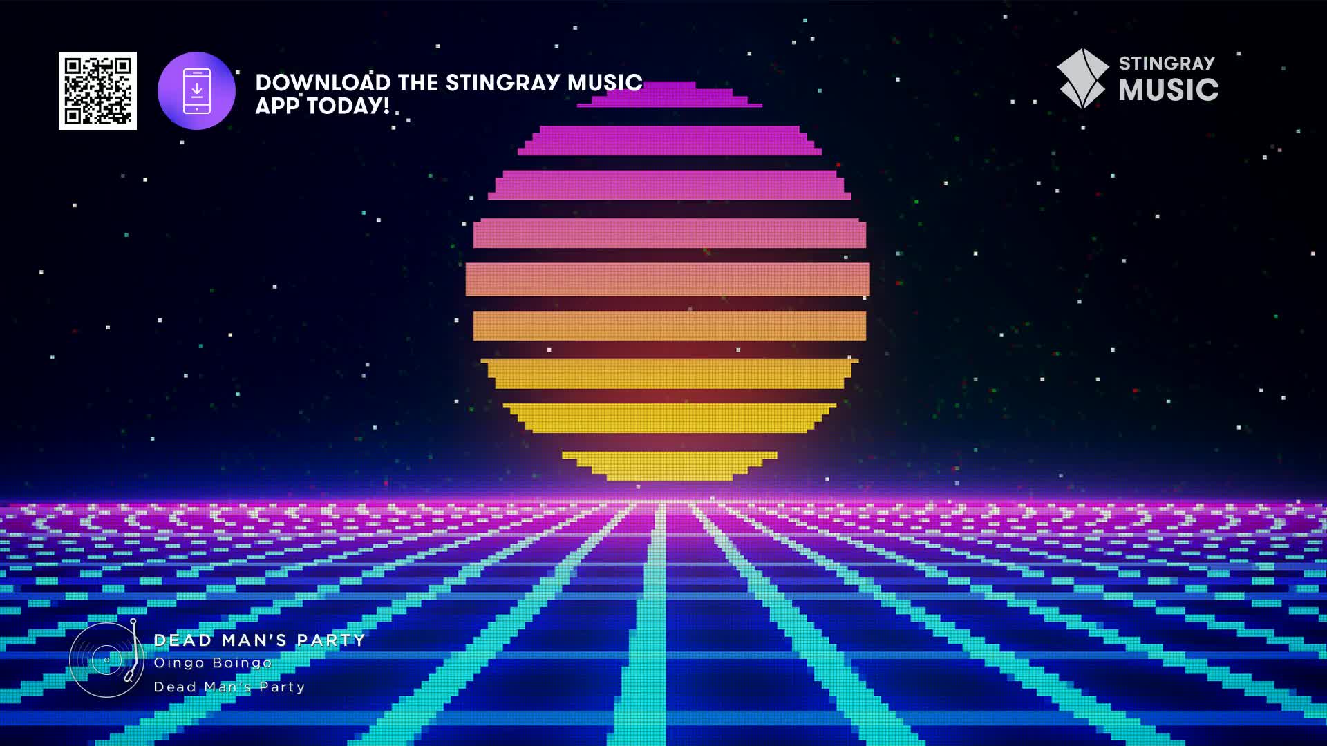 A pixelated sun, a gradient of pink, orange, and yellow, hangs over a glowing grid. The Stingray Music logo and an invitation to download the app are in the top corners, while 'Dead Man's Party' by Oingo Boingo is playing.
