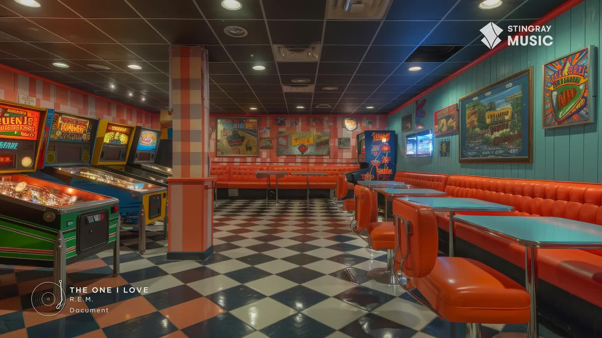 The checkered floor reflects the neon glow of the pinball machines lining the wall.  A classic diner setting, the red booths and tables are empty, waiting for the next round of jukebox selections from Stingray Everything '80s.
