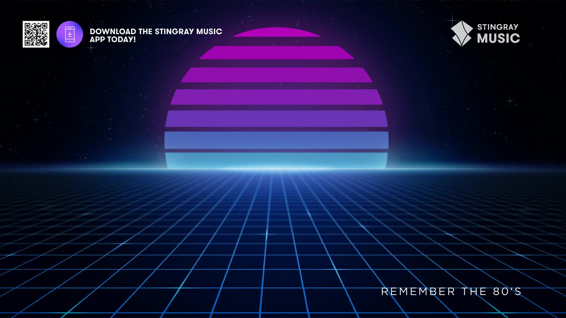 A stylized sunset, made of horizontal bands of purple and blue, hangs over a grid of blue lines. It's a retro vibe, probably from Canada's Stingray Everything '80s.
