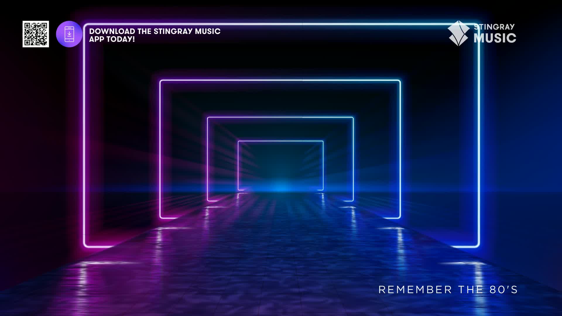 Neon-lit squares, fading from purple to blue, create a tunnel effect. The reflective floor amplifies the glowing, retro aesthetic, like something from a Stingray Everything '80s promo.
