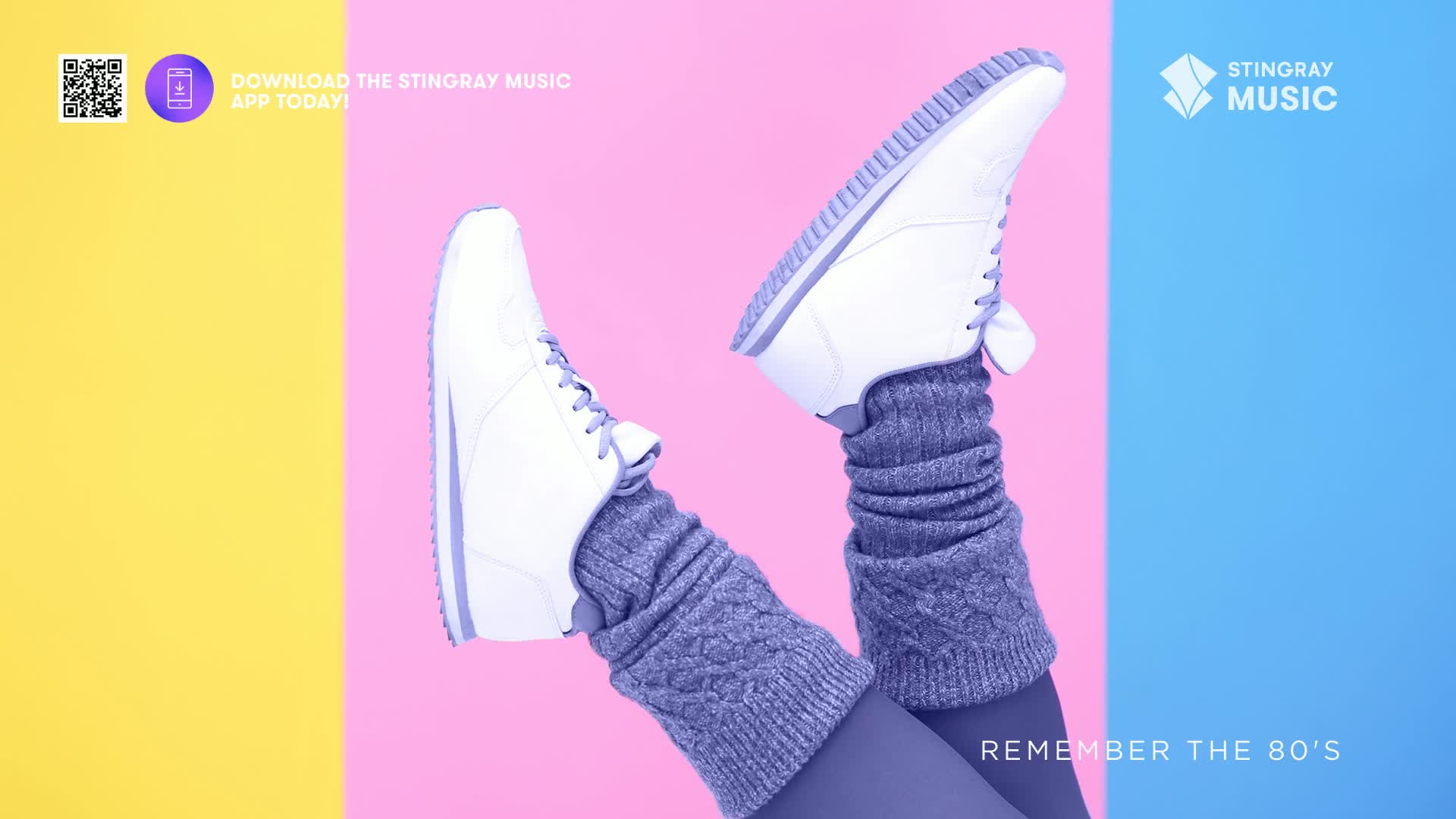 Two pairs of white sneakers with grey leg warmers are posed against a bright pink background. This reminds me of the vibrant energy of 80s aerobics classes in Canada.