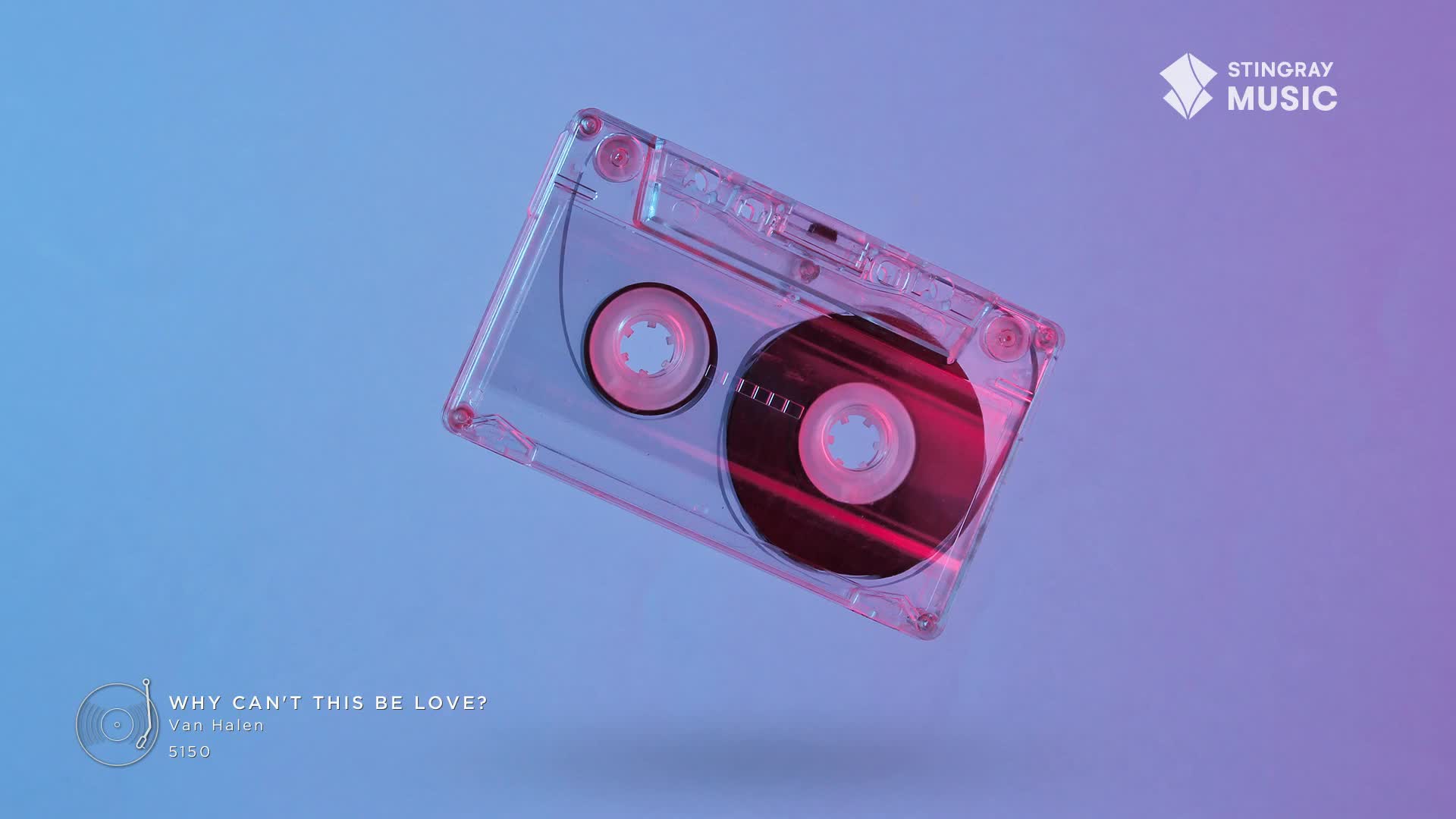 A clear cassette tape, playing Van Halen's "Why Can't This Be Love?", floats against a gradient of blue and pink. The Stingray Music logo appears in the upper right corner.