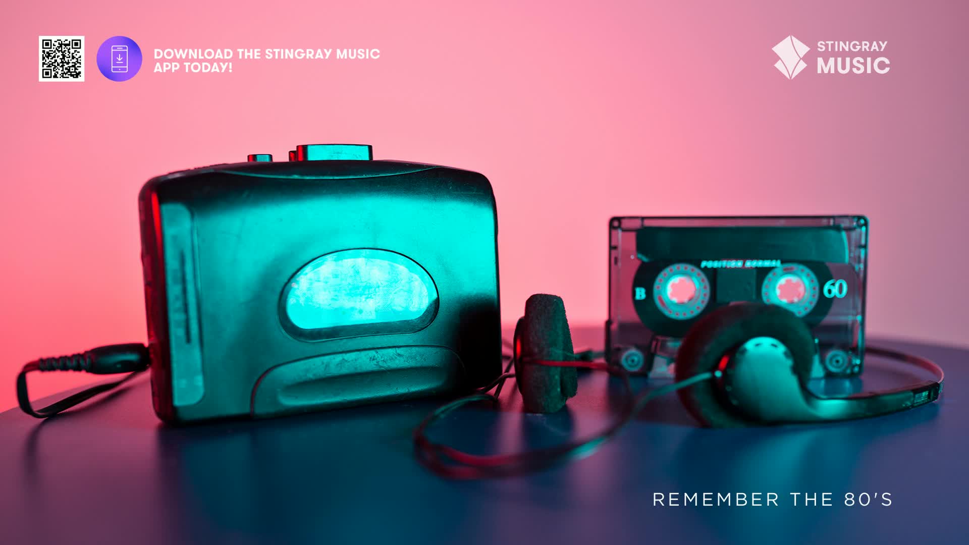 A black cassette player sits beside a clear cassette tape and headphones, bathed in the vibrant pink and teal glow of a retro Canadian night. This setup evokes the soundtrack of a classic 80s Stingray music experience.