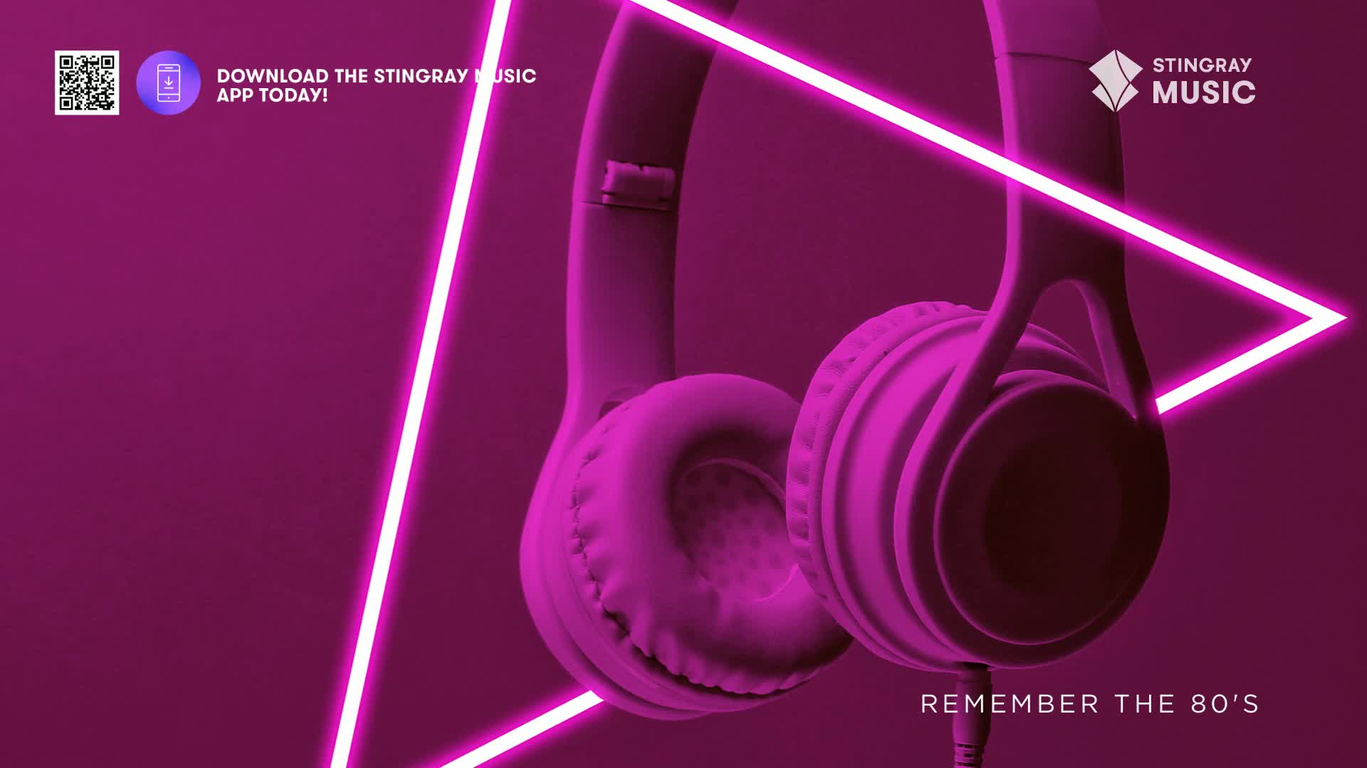 A pair of pink headphones hangs suspended, framed by sharp, glowing neon triangles. The text "REMEMBER THE 80'S" appears below, hinting at a nostalgic Stingray Music experience.
