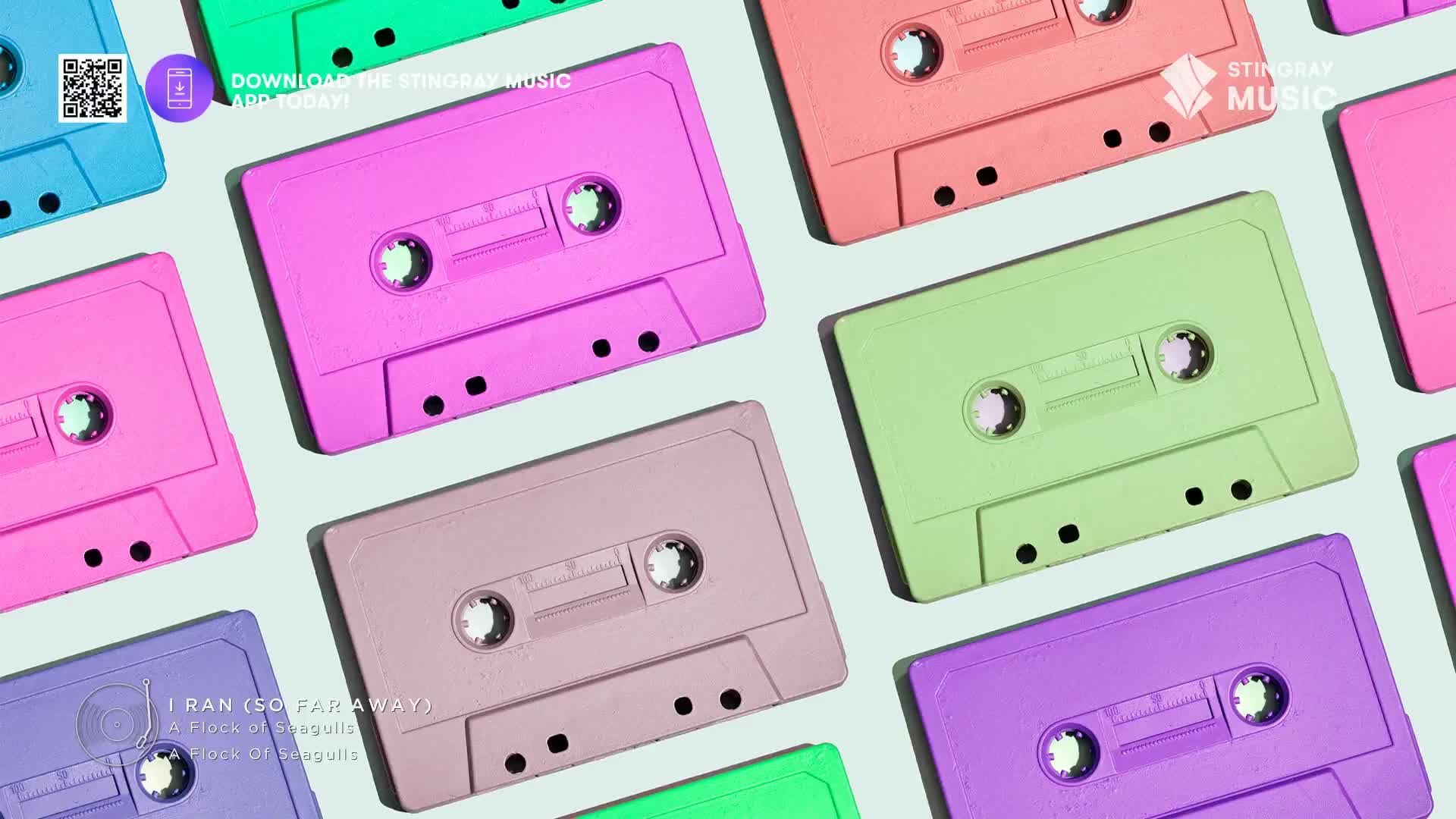 Rows of brightly colored cassette tapes, like those popular in the '80s, are laid out on a light blue surface. A QR code and the Stingray Music logo are visible, hinting at a Canadian music app.