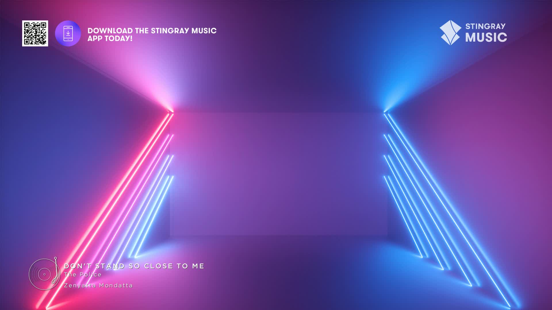 Neon lights frame a stark, purple room, casting a vibrant glow. The Stingray Music logo sits in the upper right corner, while "Don't Stand So Close To Me" by The Police plays.