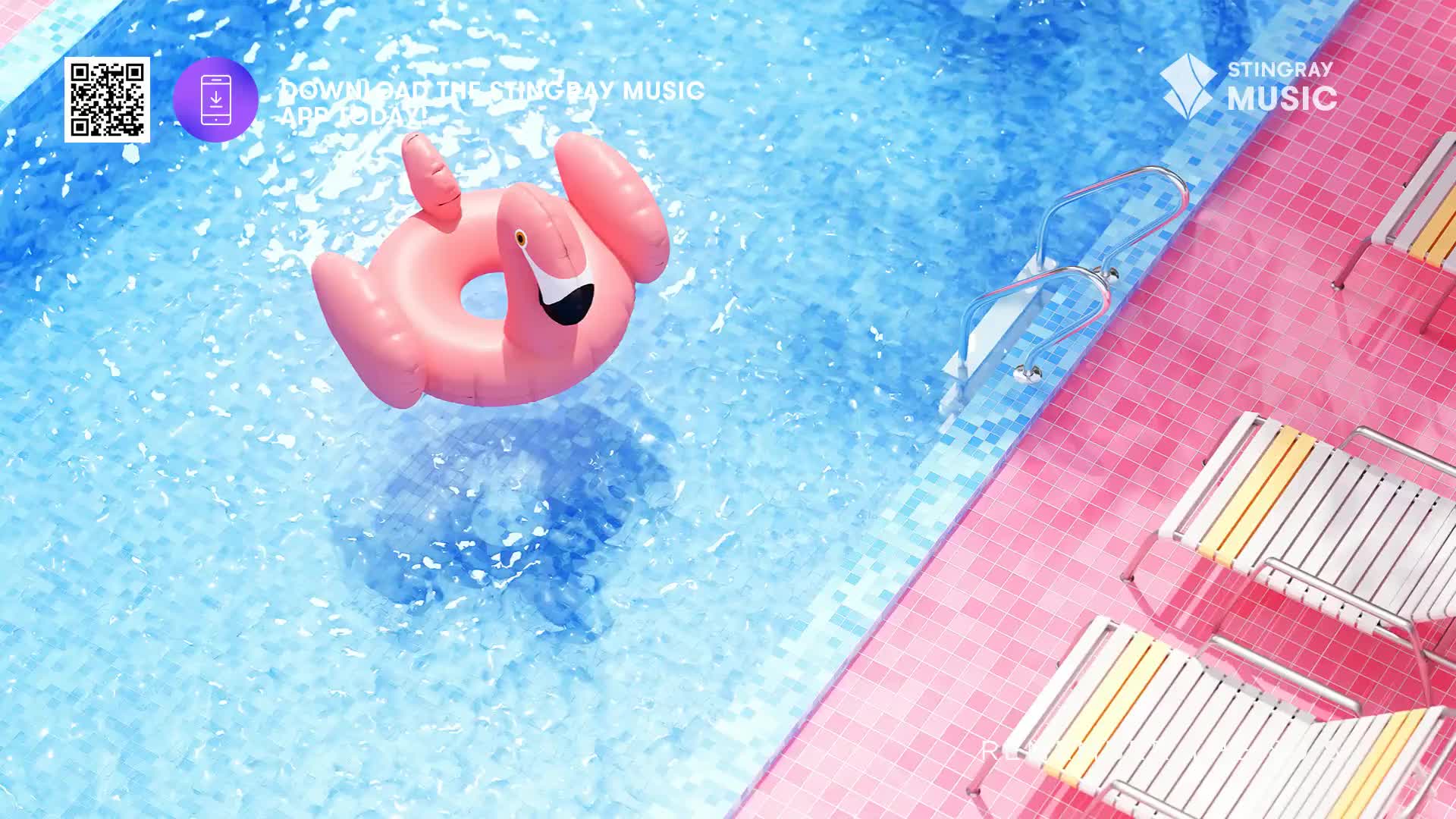 A bright pink inflatable flamingo bobs gently in the clear blue water of a pool. Loungers with yellow and white stripes are neatly arranged on the pink tiled edge of the pool.
