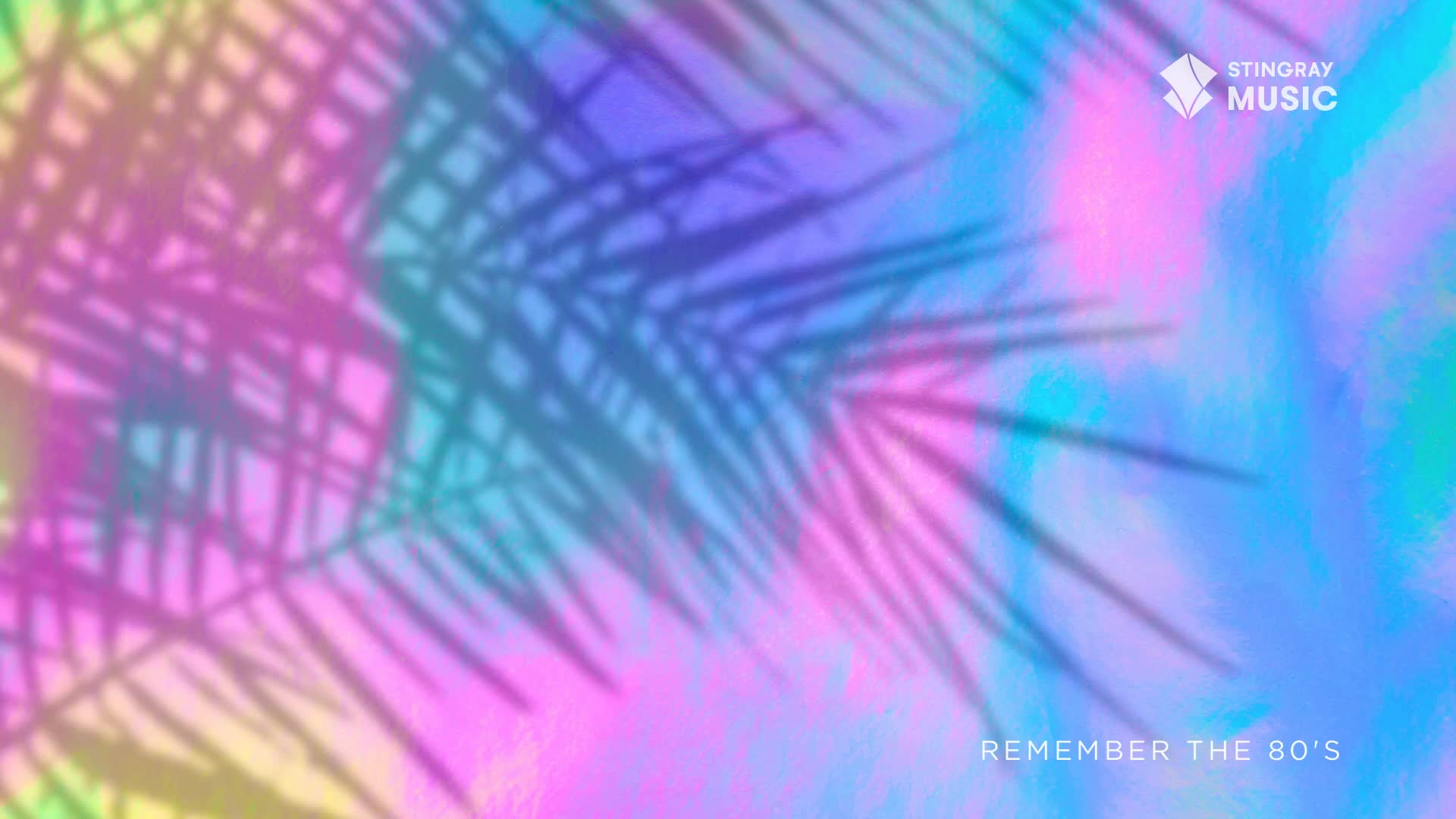 Palm fronds cast dark shadows across a vibrant, swirling background of pink, purple, and blue. A Stingray Music logo sits in the upper right corner, with the words "REMEMBER THE 80'S" below it.
