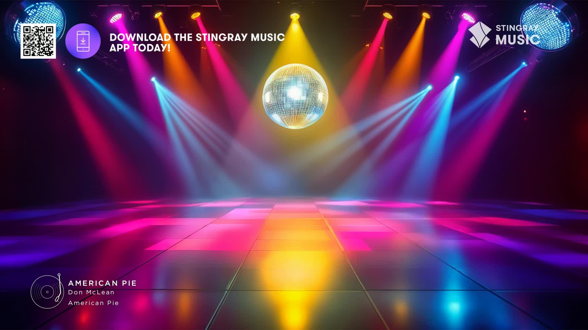 A disco ball hangs suspended, reflecting beams of light across the dance floor. The Stingray Flashback 70's vibe is strong, with the stage bathed in vibrant pinks, blues, and yellows.
