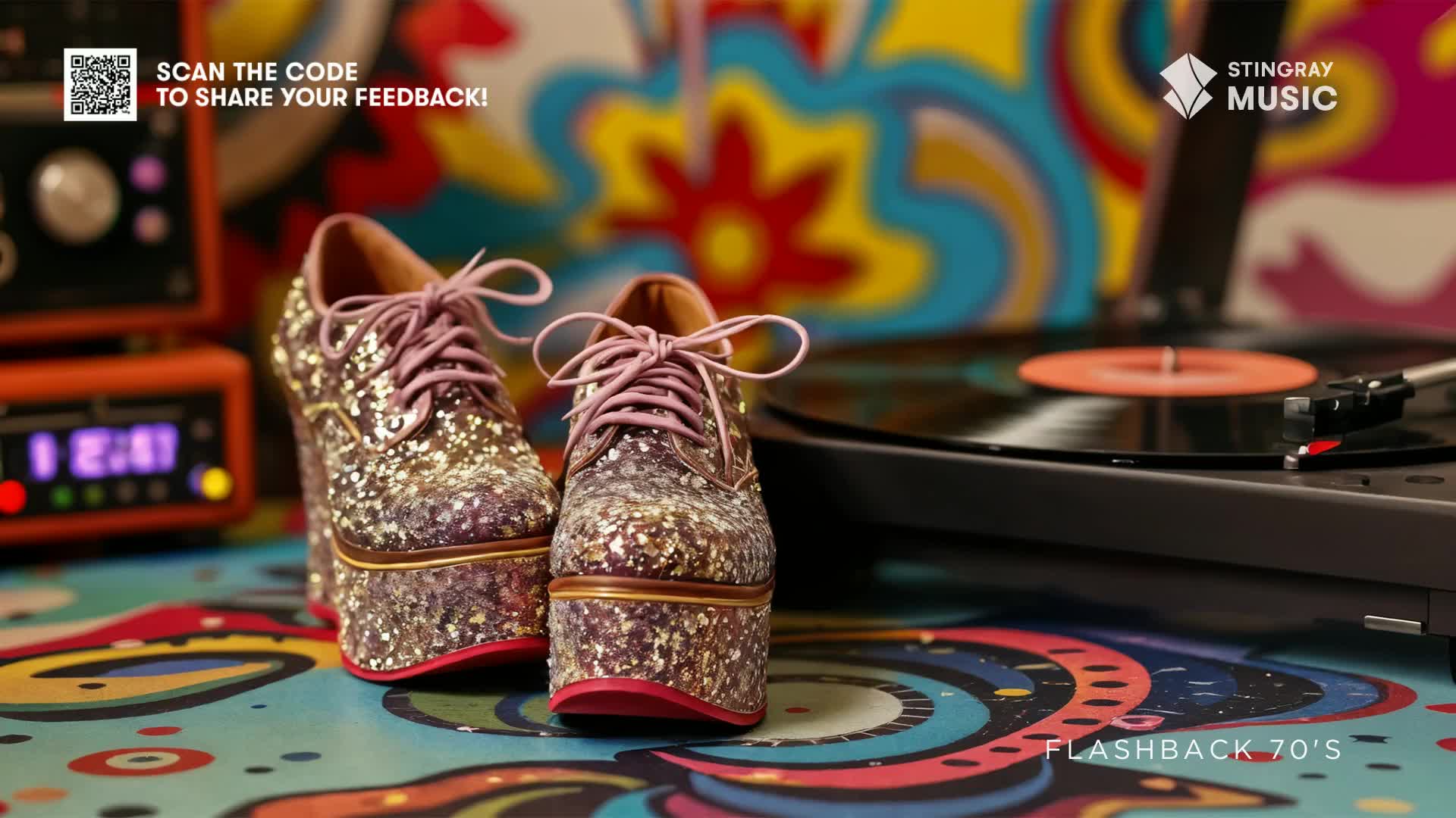 Glittery platform shoes sit in front of a record player, the needle resting on a spinning vinyl. The scene feels like a throwback to the Flashback 70's, a Canadian Stingray Music promotion.
