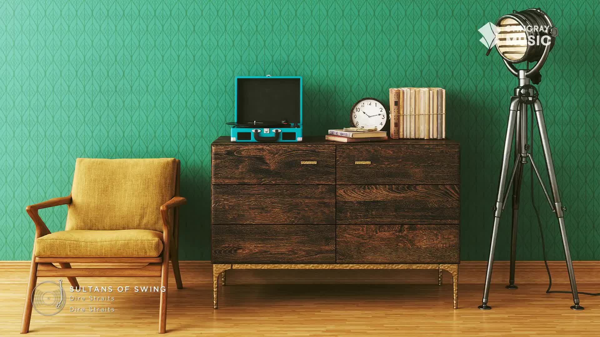 A teal record player sits open on a dark wooden dresser, next to a stack of albums. A vintage-style spotlight on a tripod stands nearby, casting light across the room.

