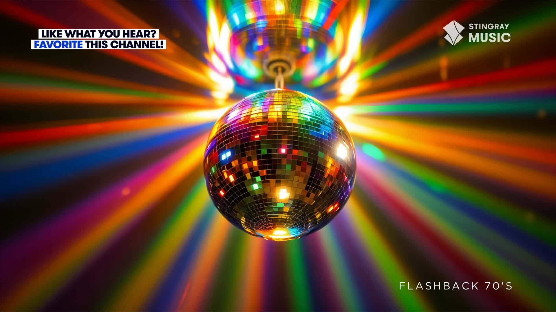 A disco ball hangs suspended, reflecting beams of rainbow light across the space. The Stingray Flashback 70's logo is in the corner, a reminder of the music that's about to play.
