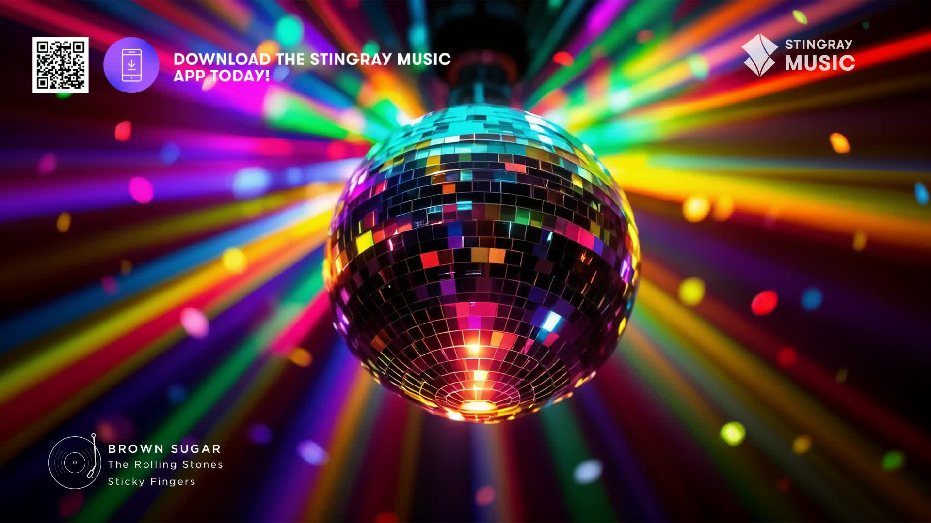 A mirrored disco ball hangs center, reflecting a kaleidoscope of colored light beams across the dark space. The Stingray Flashback 70's vibe is strong, and the music is pumping.
