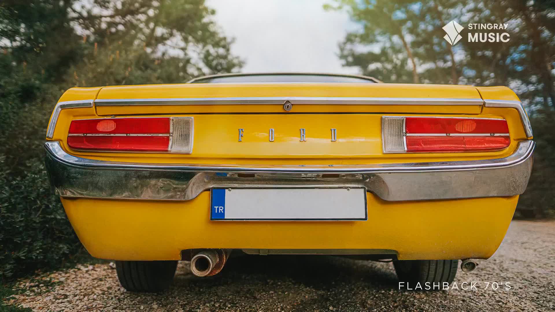 The bright yellow Ford's rear end is facing me, its chrome bumper reflecting the gravel.  The taillights glow red, and the license plate reads "TR."
