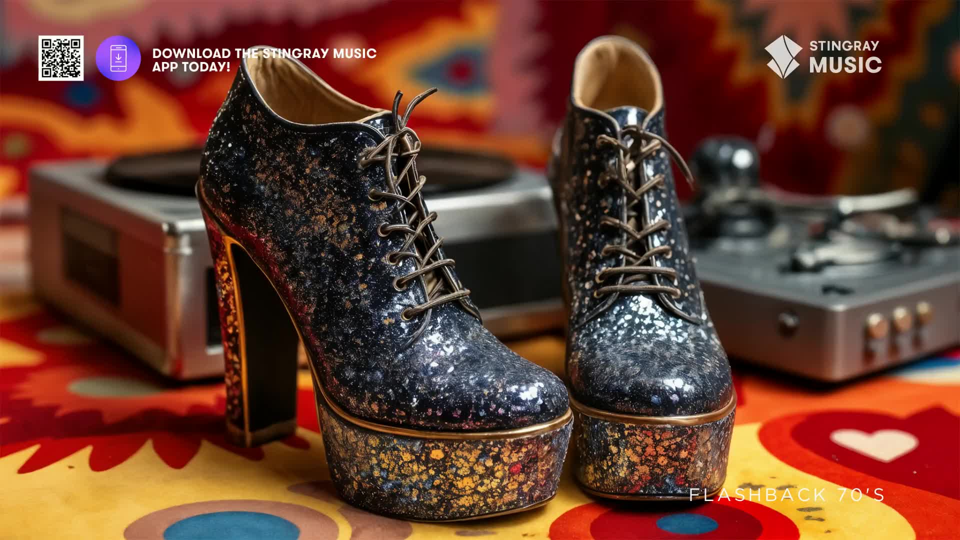 Glittery platform boots, laced up, stand side-by-side on a patterned rug, a vintage record player in the background. The scene feels like a nostalgic flashback from Canada's Stingray Flashback 70's.
