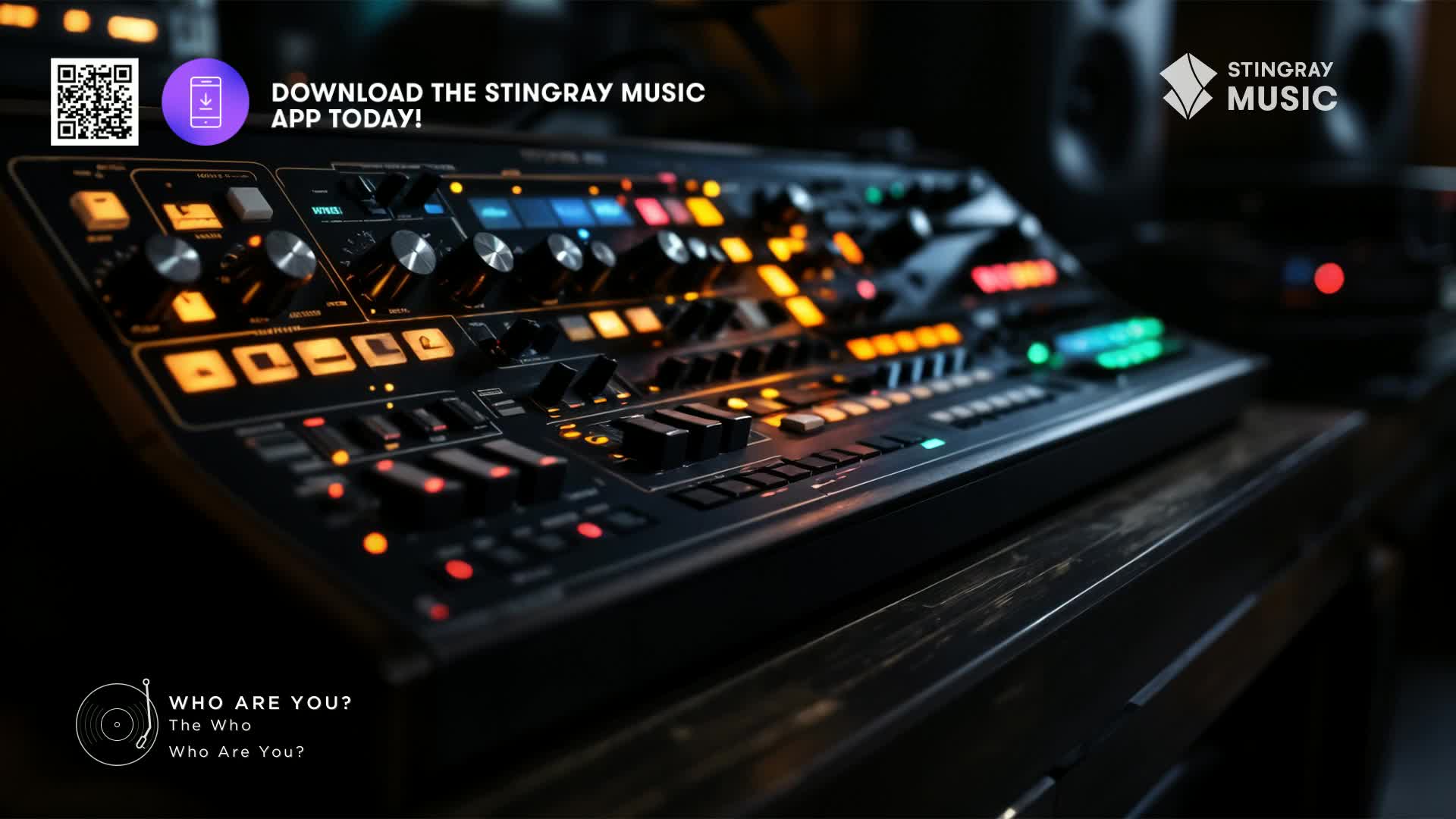 Knobs and sliders on a synthesizer are illuminated in a warm glow, ready to shape the sound. This setup, likely for a Stingray Flashback 70's mix in Canada, is poised to create a classic rock anthem.
