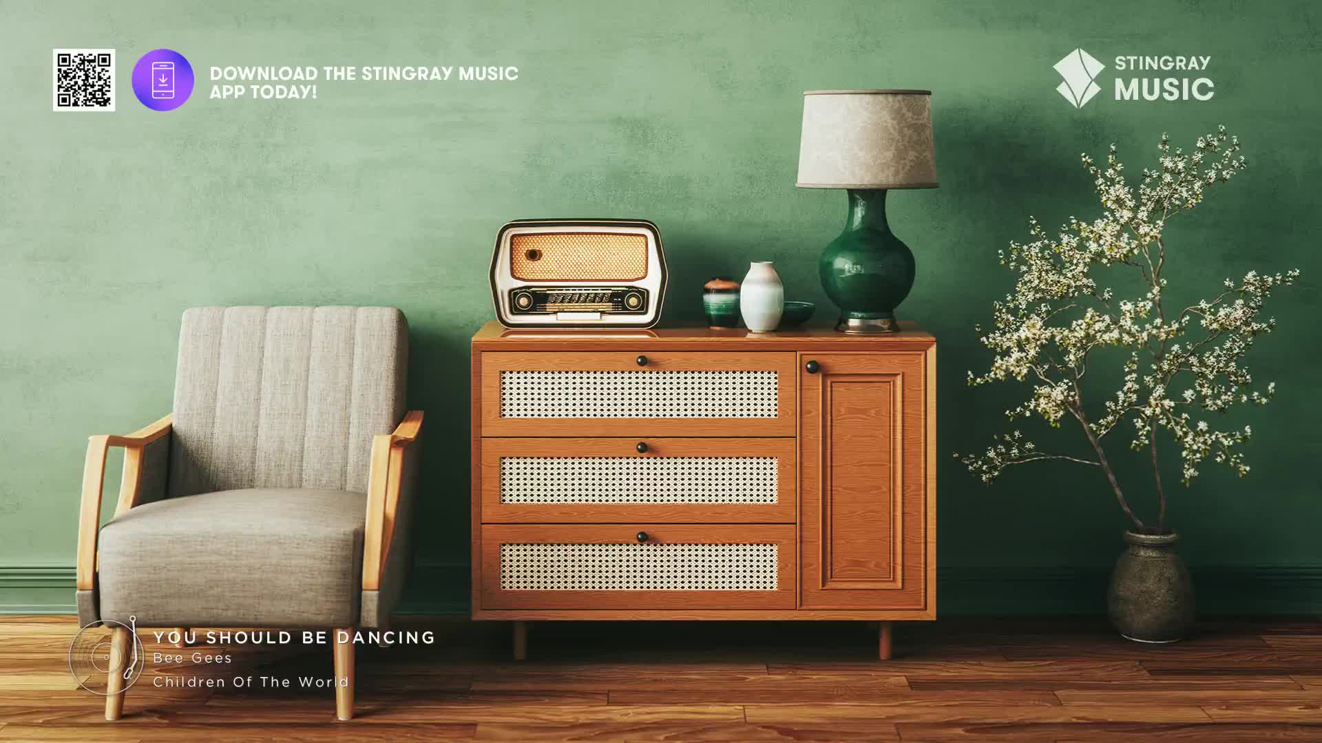 A vintage radio sits on a wooden dresser, its dial glowing faintly. Beside it, a lamp with a textured shade casts a warm light.