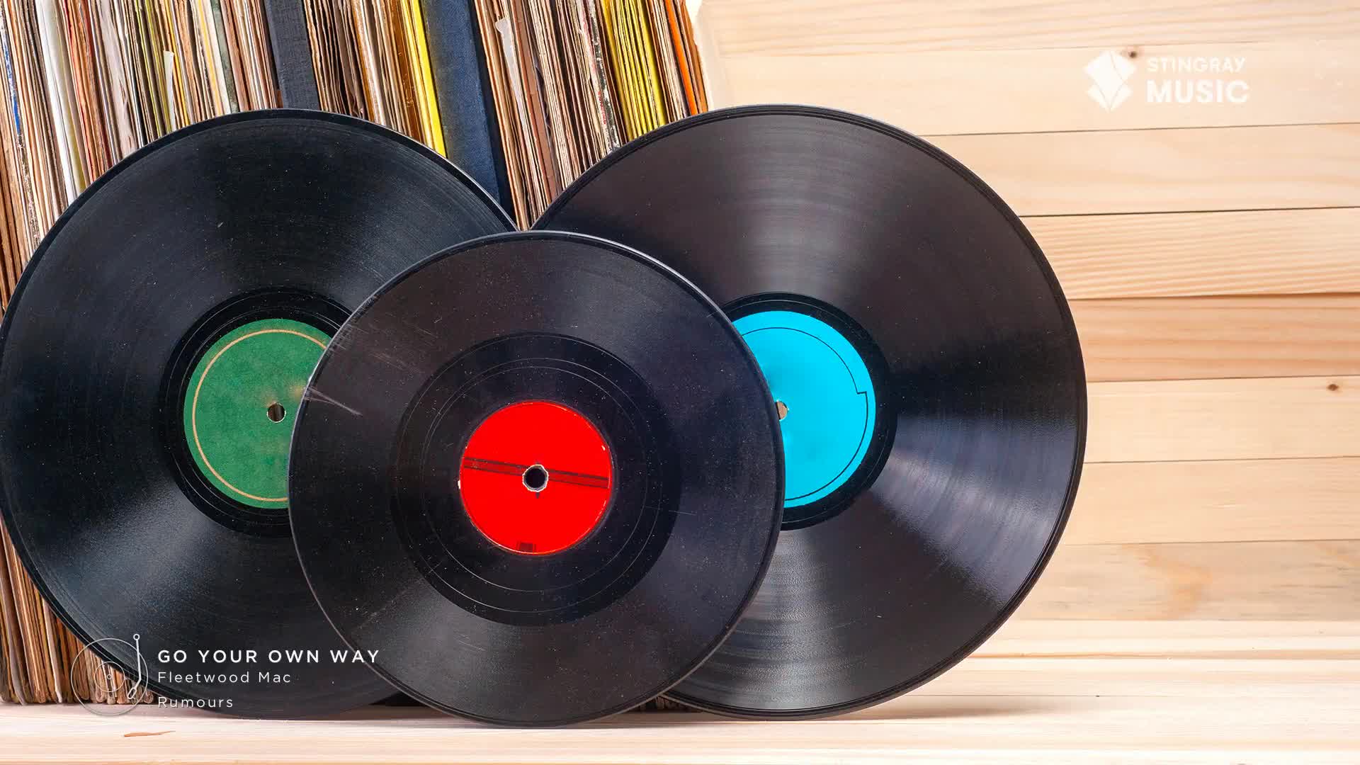 A stack of records, some with green, red, and blue labels, leans against a wooden background. The iconic Fleetwood Mac song "Go Your Own Way" from their 1977 album "Rumours" is displayed.