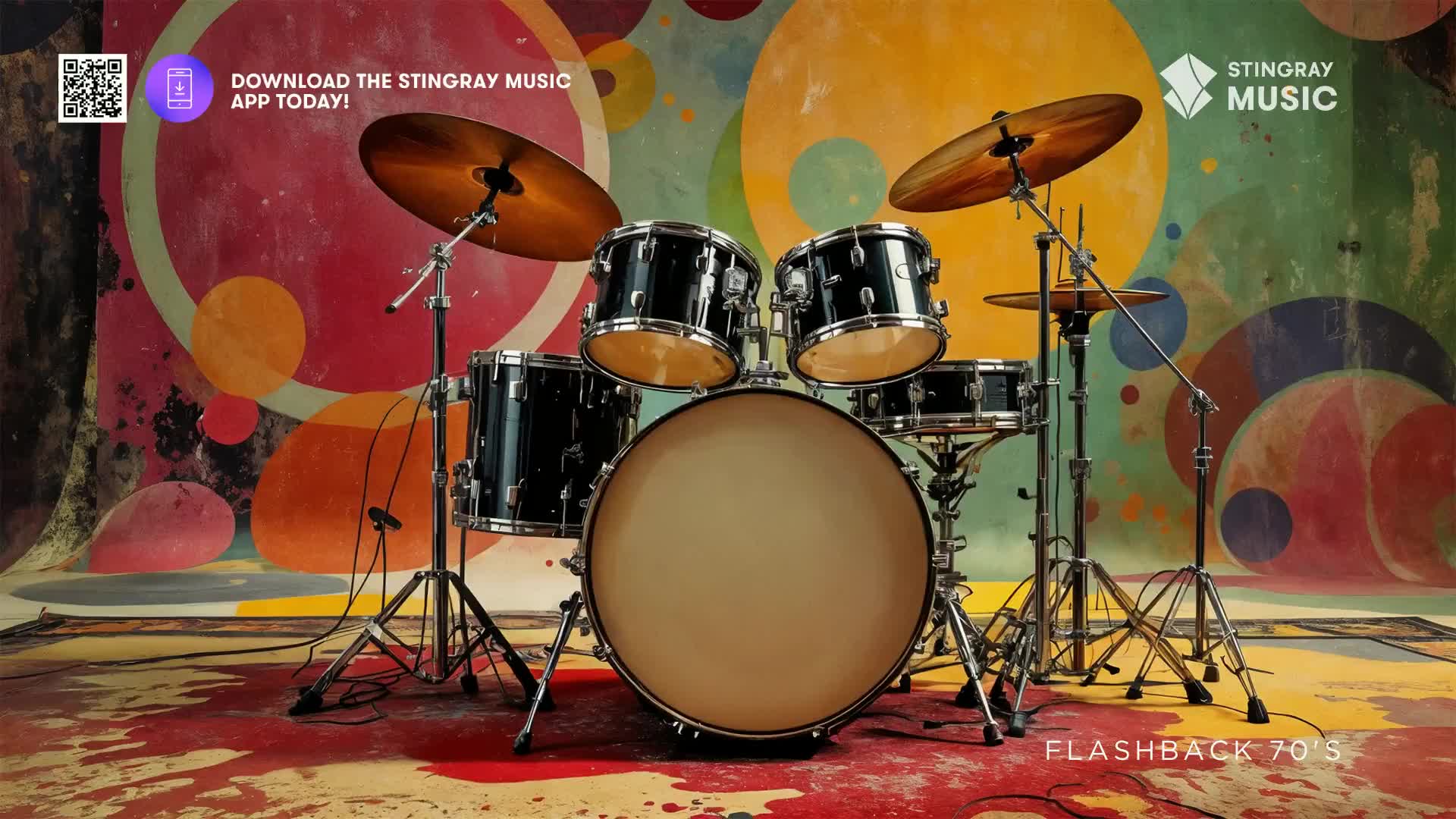 The drum kit sits ready, its chrome gleaming against a vibrant, abstract backdrop reminiscent of a 70s Canadian studio. A QR code and "Download the Stingray Music App Today!" are displayed prominently, alongside "Flashback 70's" in the corner.