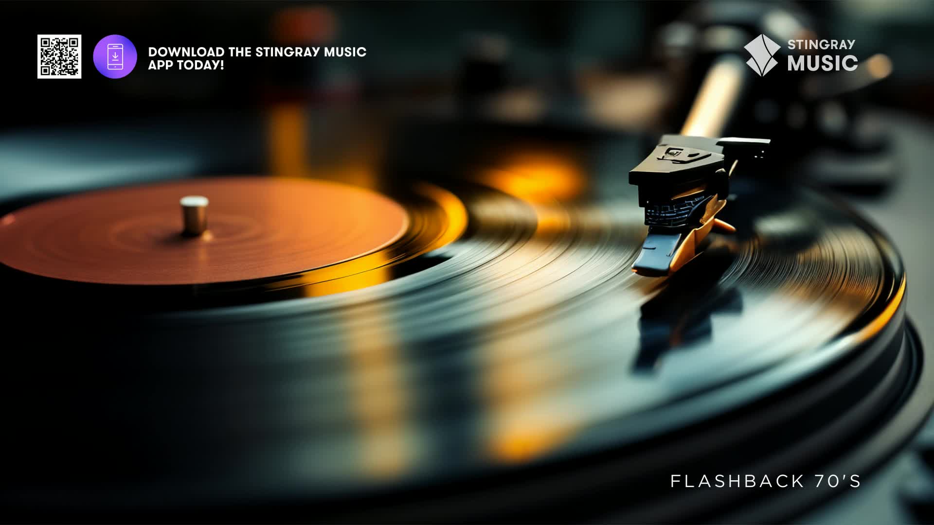 The needle glides through the grooves of a spinning vinyl record, its surface reflecting warm, amber light. This is how we're reliving the 70s, just like back home in Canada.