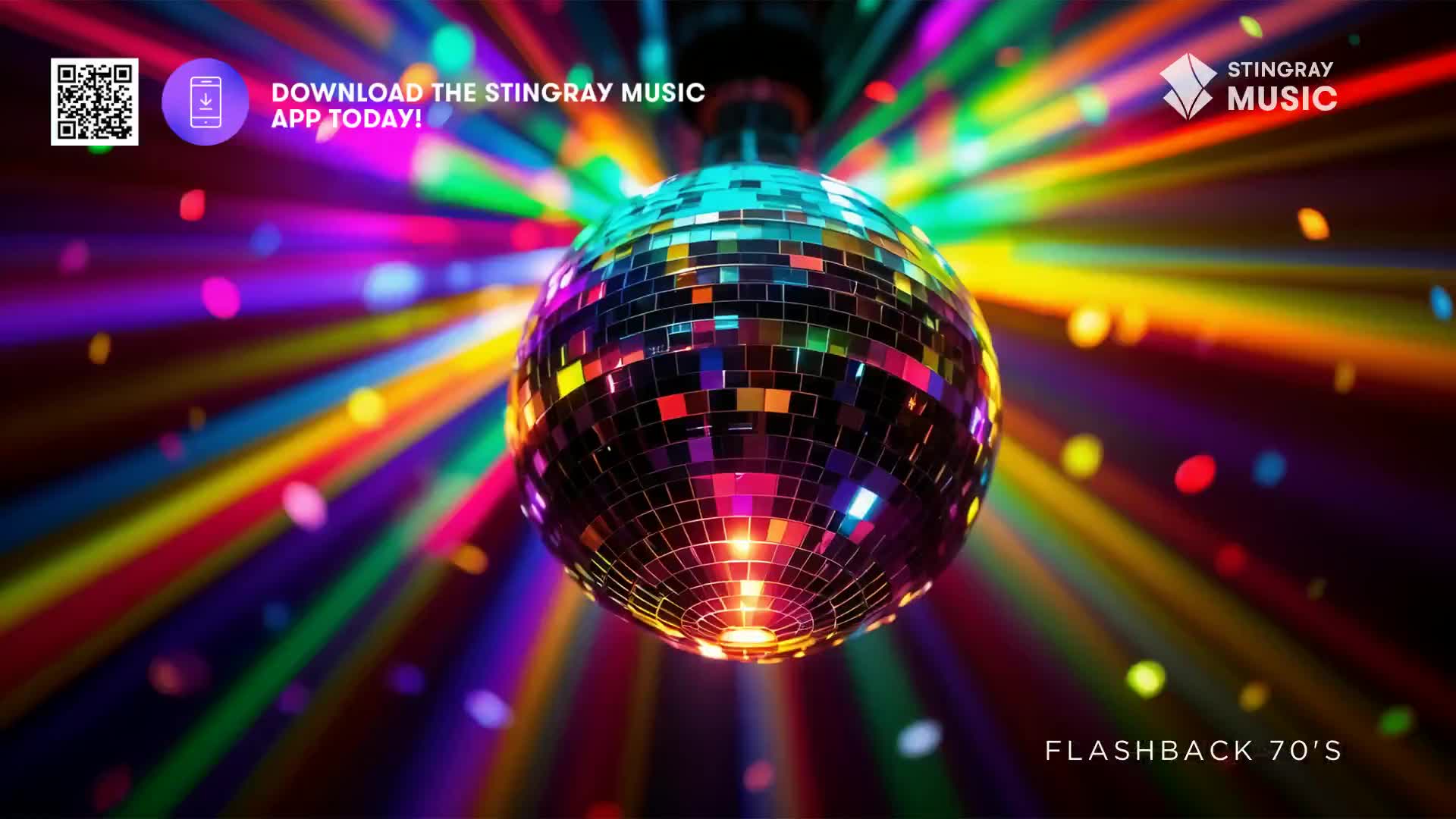 A mirrored disco ball spins, catching beams of vibrant, rainbow-colored light. The air is filled with shimmering dust motes, reminiscent of a classic 70s dance floor.