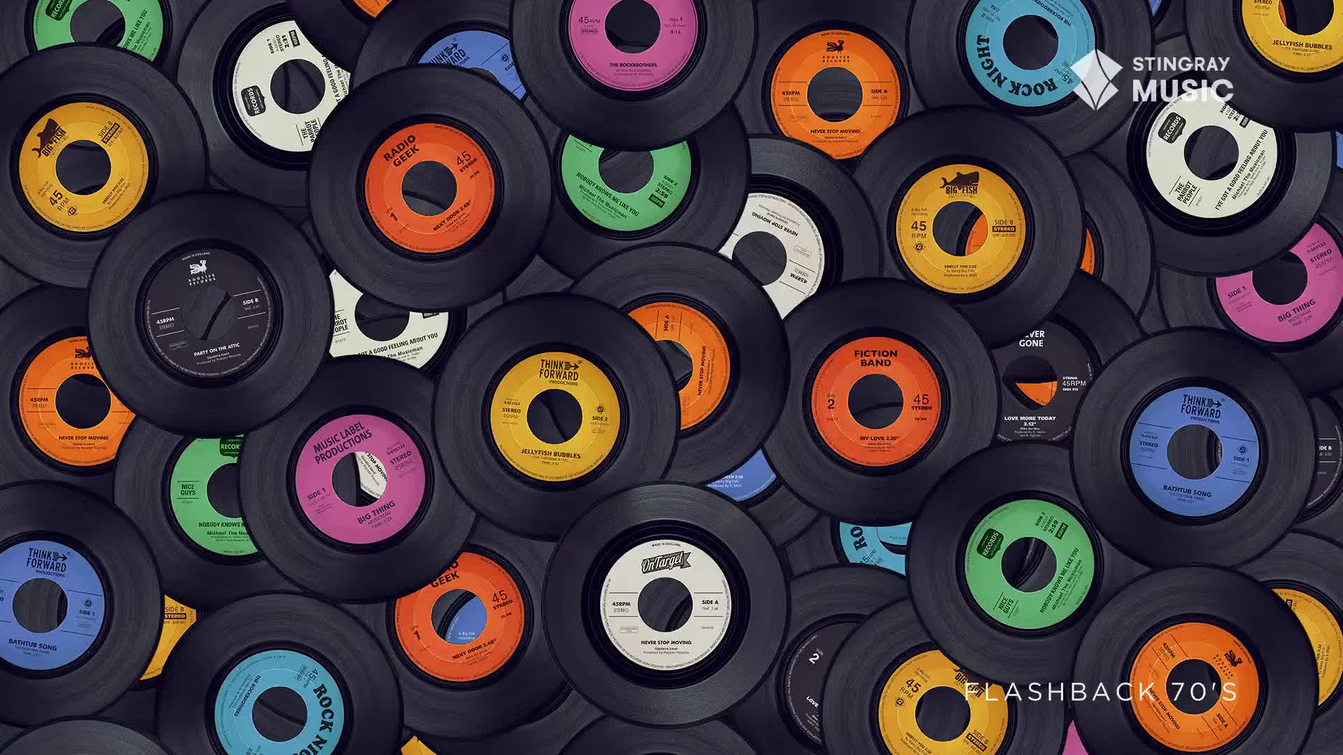 A pile of 45 RPM records, some with brightly colored labels, are scattered across a dark background. The labels show titles like "Rock Night" and "Fiction Band," hinting at a 70s Canadian music scene.