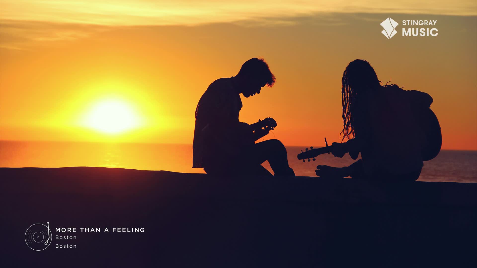 Two figures sit silhouetted against a vibrant Canadian sunset, strumming guitars. The warm glow of the setting sun paints the sky in hues of orange and yellow, a perfect backdrop for this 70s-inspired scene.