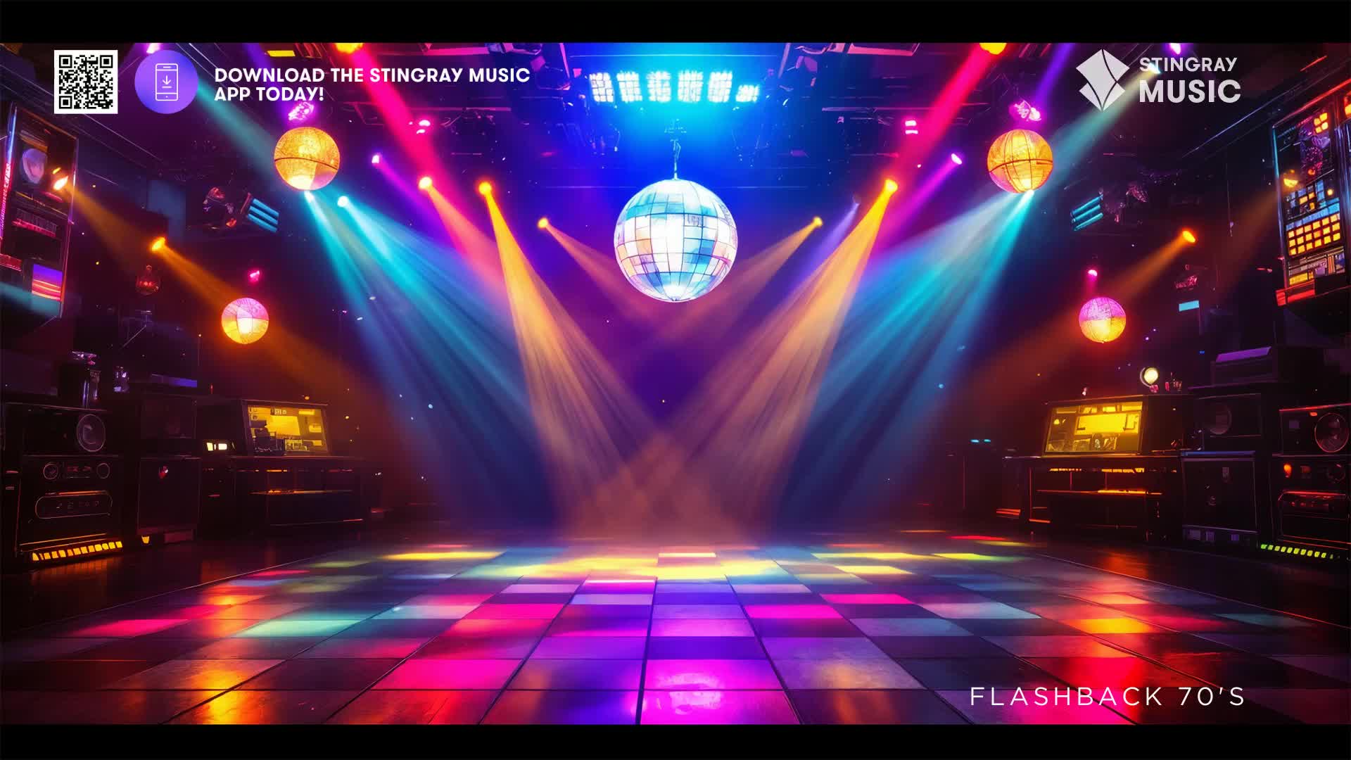 Spotlights cut through the smoky air, illuminating a checkered dance floor bathed in vibrant purples, pinks, and blues. A mirrored disco ball hangs overhead, reflecting the pulsing lights of this retro Canadian club.