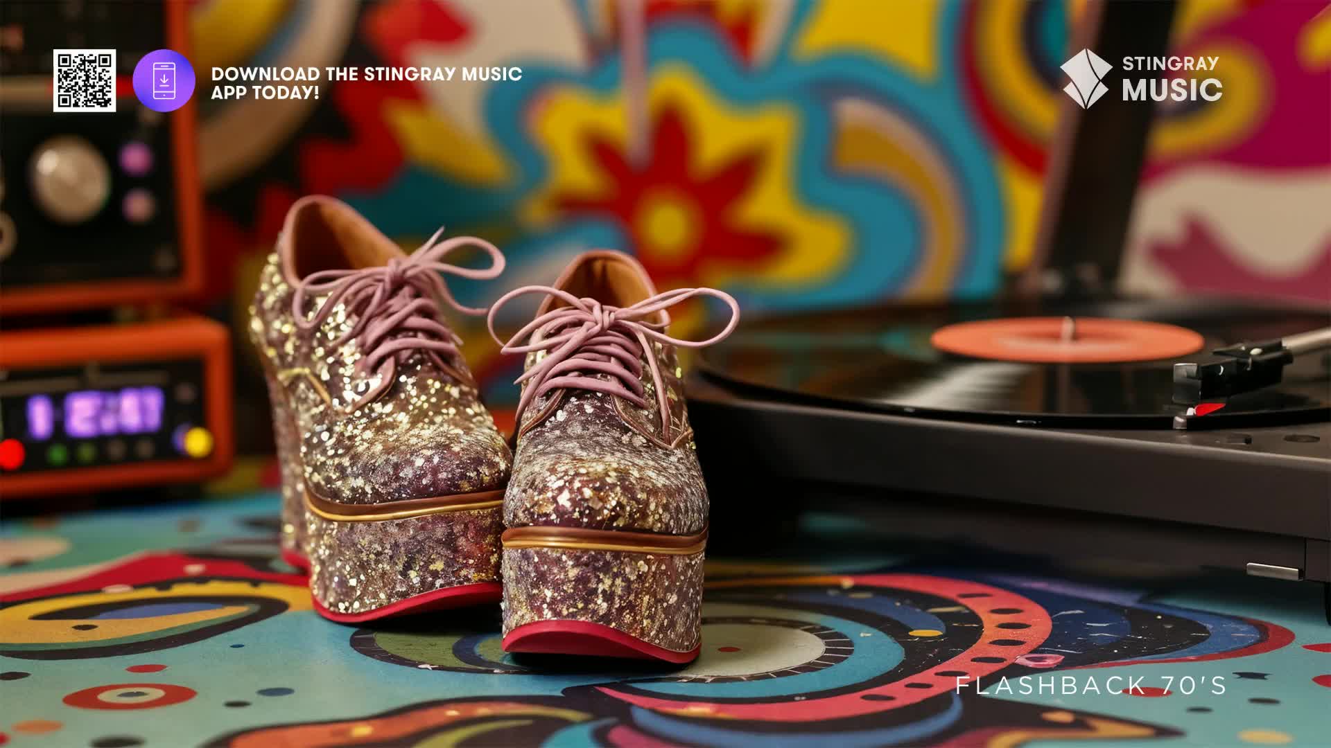 A turntable spins a record, its needle poised. Beside it, a pair of glitter-covered platform shoes with pink laces sit ready.