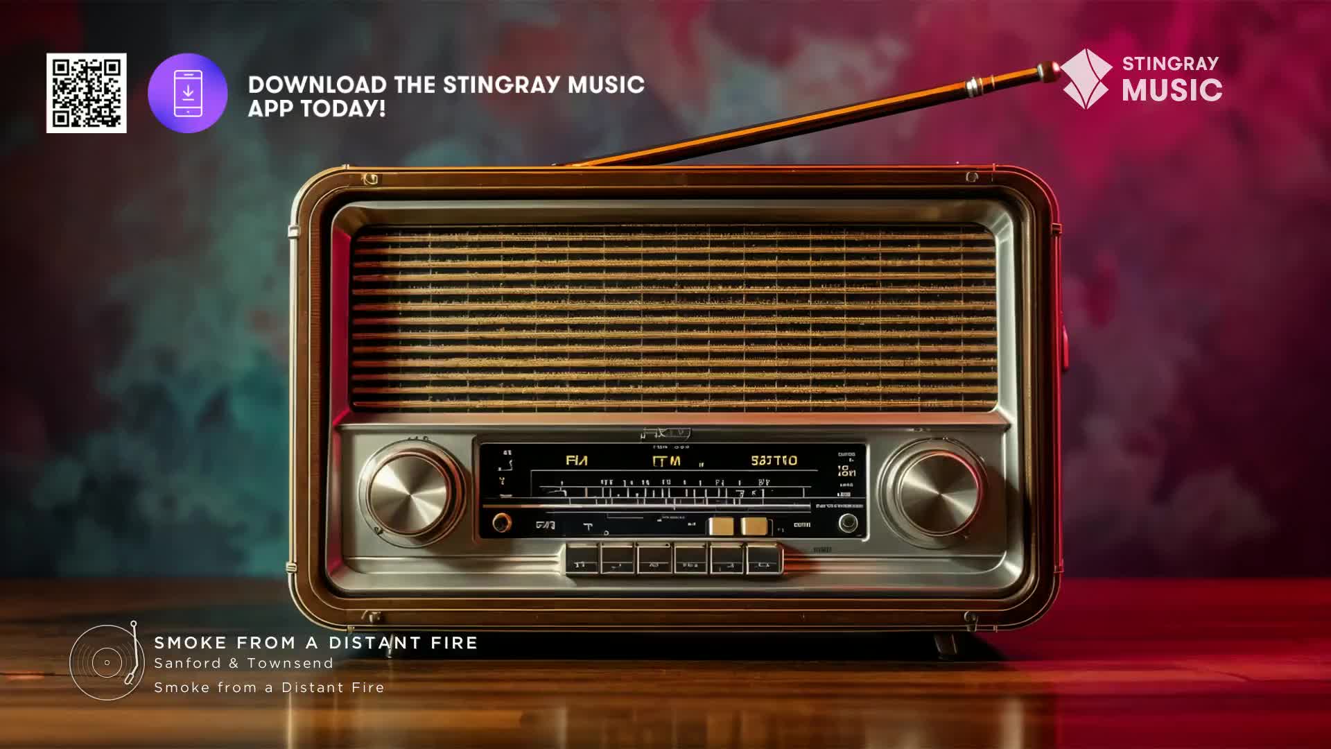 A vintage radio sits on a wooden surface, its antenna extended. The dial displays "FM" and a station name, hinting at a classic 70s Canadian broadcast.