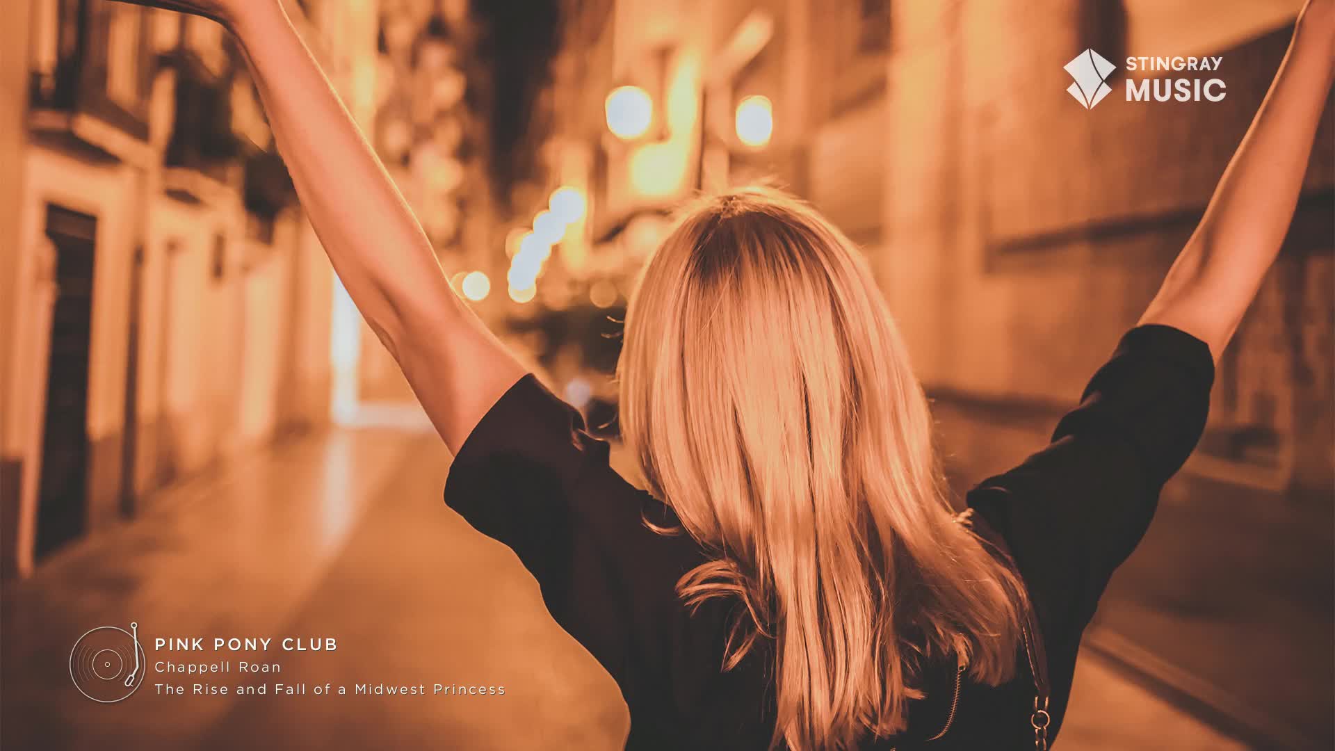 A woman with long blonde hair stands in a warmly lit alley, her arms raised as if celebrating. The Stingray Music logo sits in the upper right corner, and the album title "Pink Pony Club" is visible at the bottom left.
