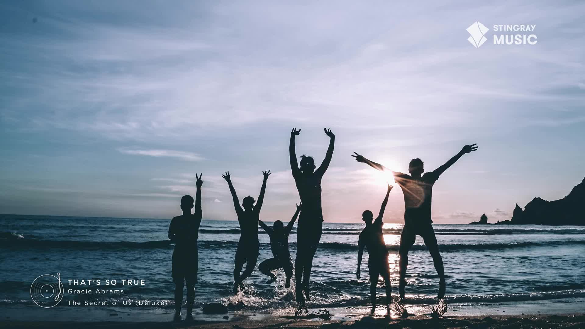 A group of friends, silhouetted against the sunset, are mid-air, arms raised in celebration. The waves crash gently as they jump, seemingly in time with the music on the Stingray Hit List.
