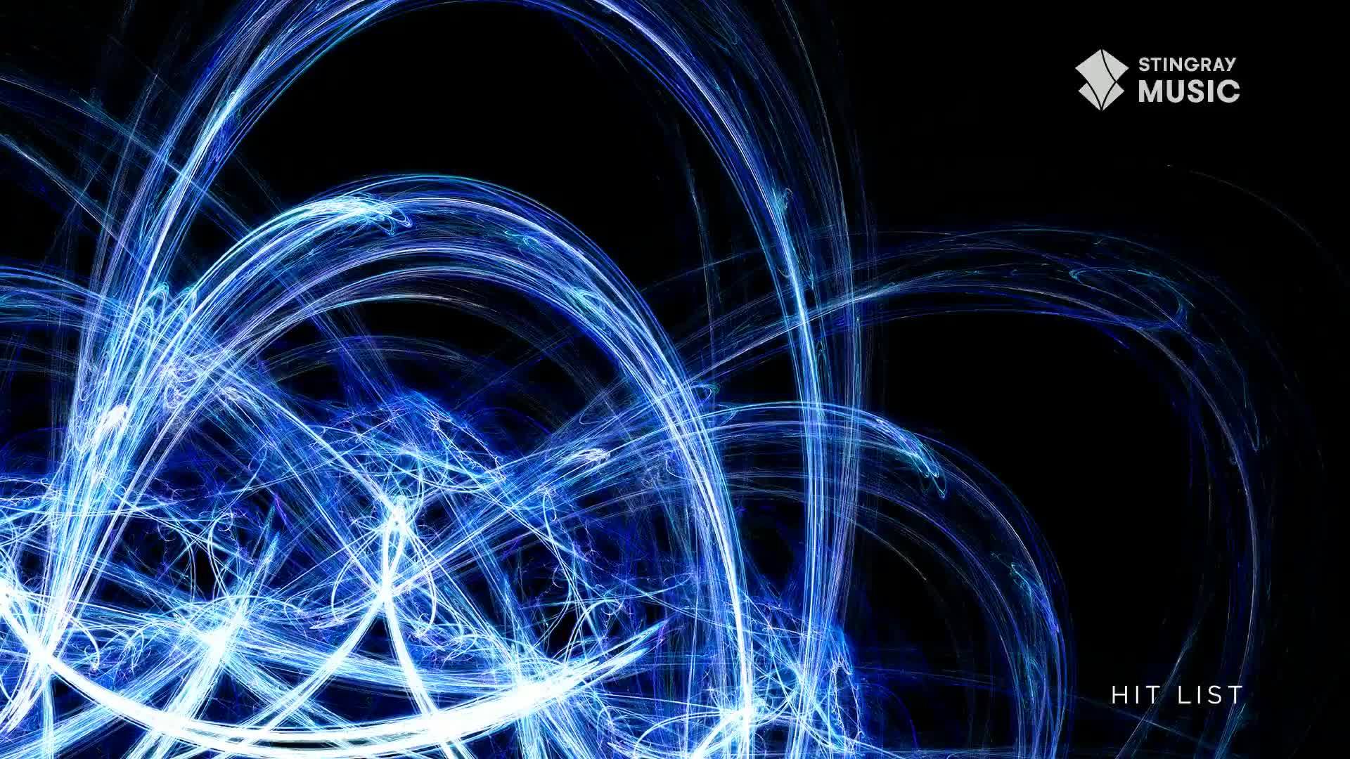 Bright blue, swirling lines arc across a black backdrop, like energy trails. The Stingray Music logo and "Hit List" text are visible in the corner.
