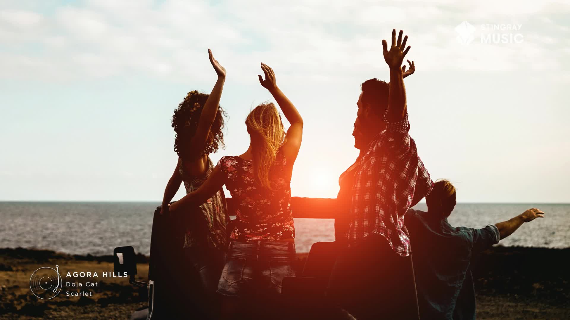 The sun is setting behind a group of friends, their arms raised in the air. They're enjoying the moment, probably listening to some tunes on the Stingray Hit List from Canada.
