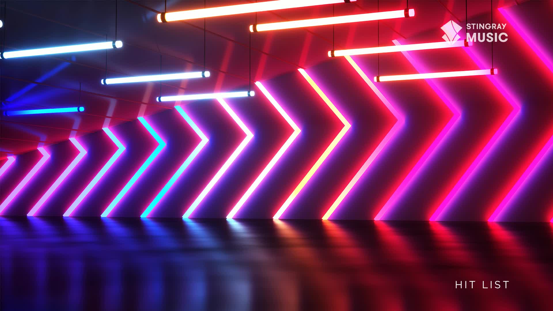 Arrows of neon light, in shades of pink and blue, point down the wall. Overhead, the Stingray Music logo hangs above the Hit List.
