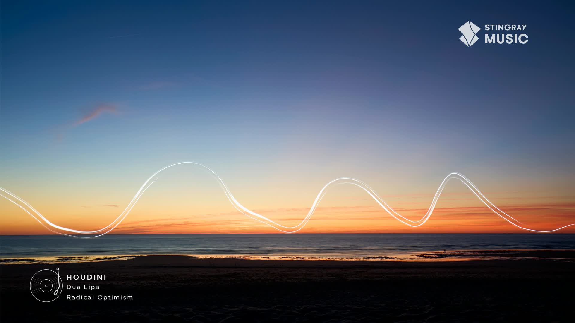 The sky is painted with sunset hues above the ocean, and a wavy, glowing line floats across the scene. The Stingray Music logo sits in the upper right, while the "Houdini" track from Dua Lipa is featured on the bottom left.
