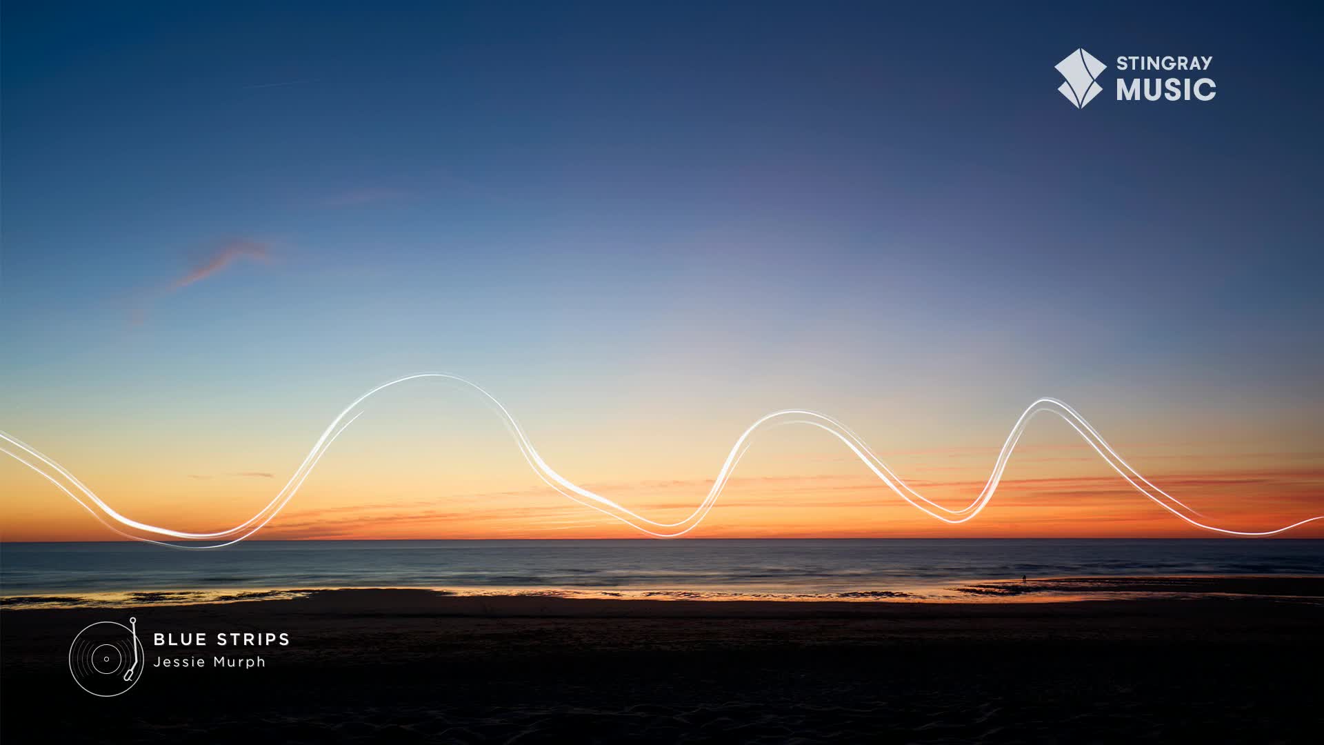 The sky is a gradient of blue and orange over the ocean, as the sun sets. A wavy, glowing line, like a sound wave, floats across the scene, a nod to the Stingray Hit List from Canada.
