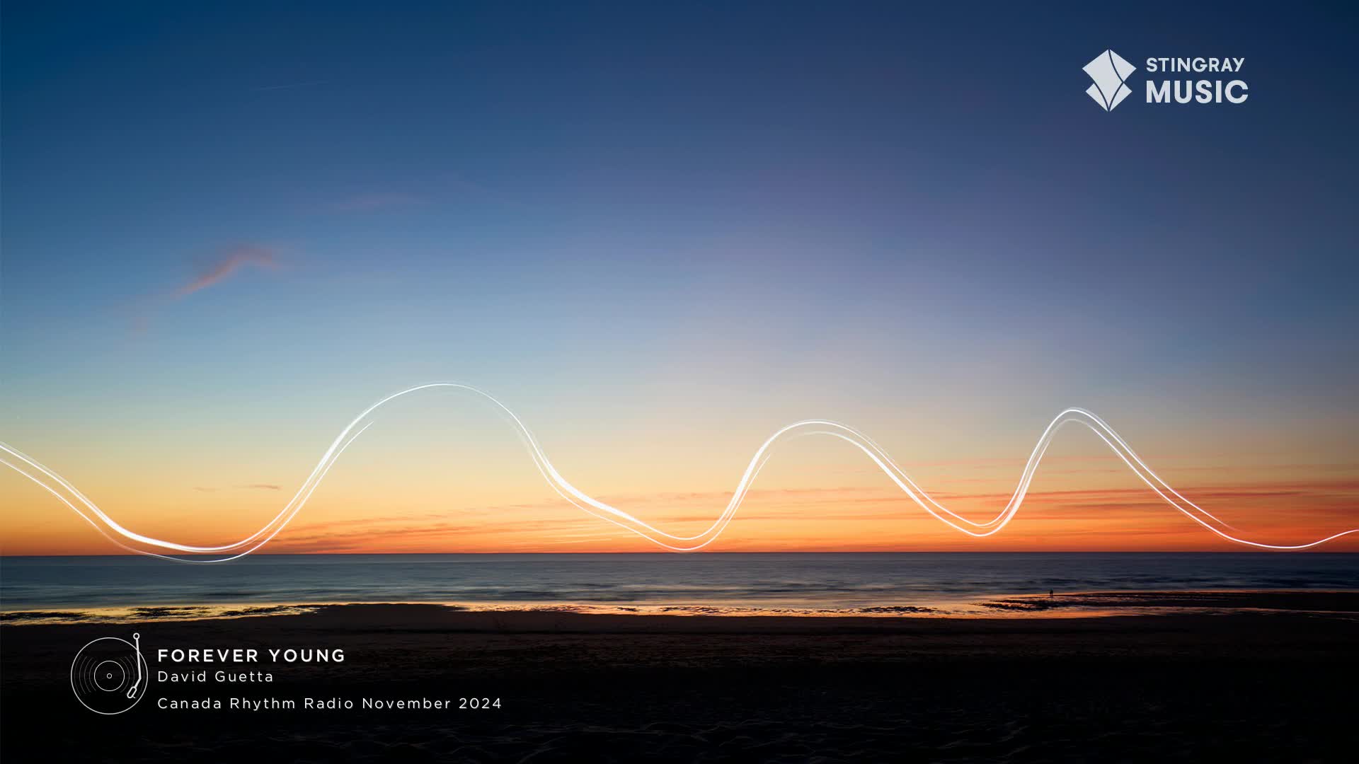 The sky is painted with the colors of a sunset over the ocean, and a wavy, glowing line hovers above the horizon. The "Forever Young" track, featured on Canada Rhythm Radio, is about to start.

