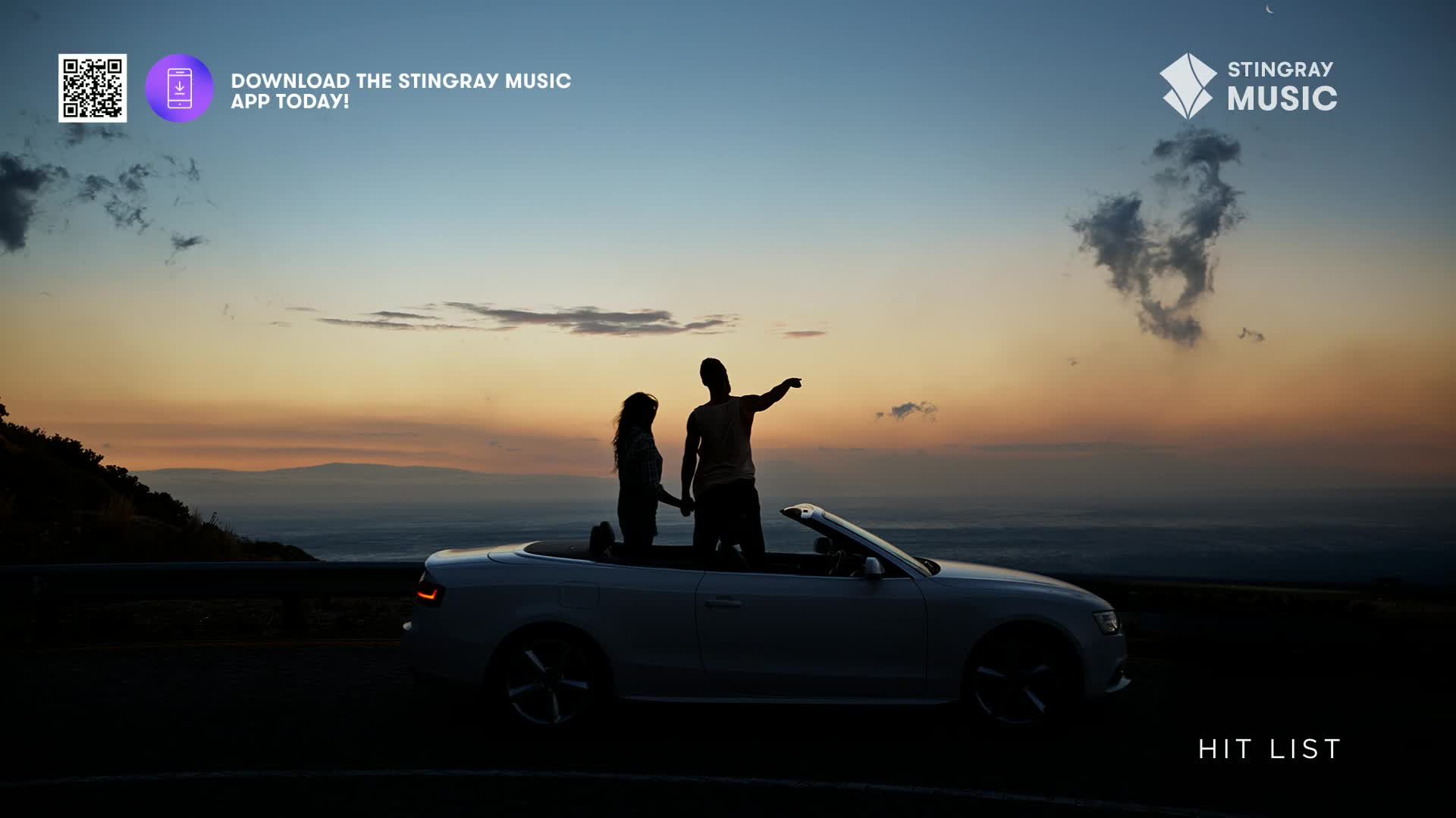 A couple stands in a convertible, silhouetted against a sunset. The "Hit List" is on the road, perhaps a soundtrack for their journey.
