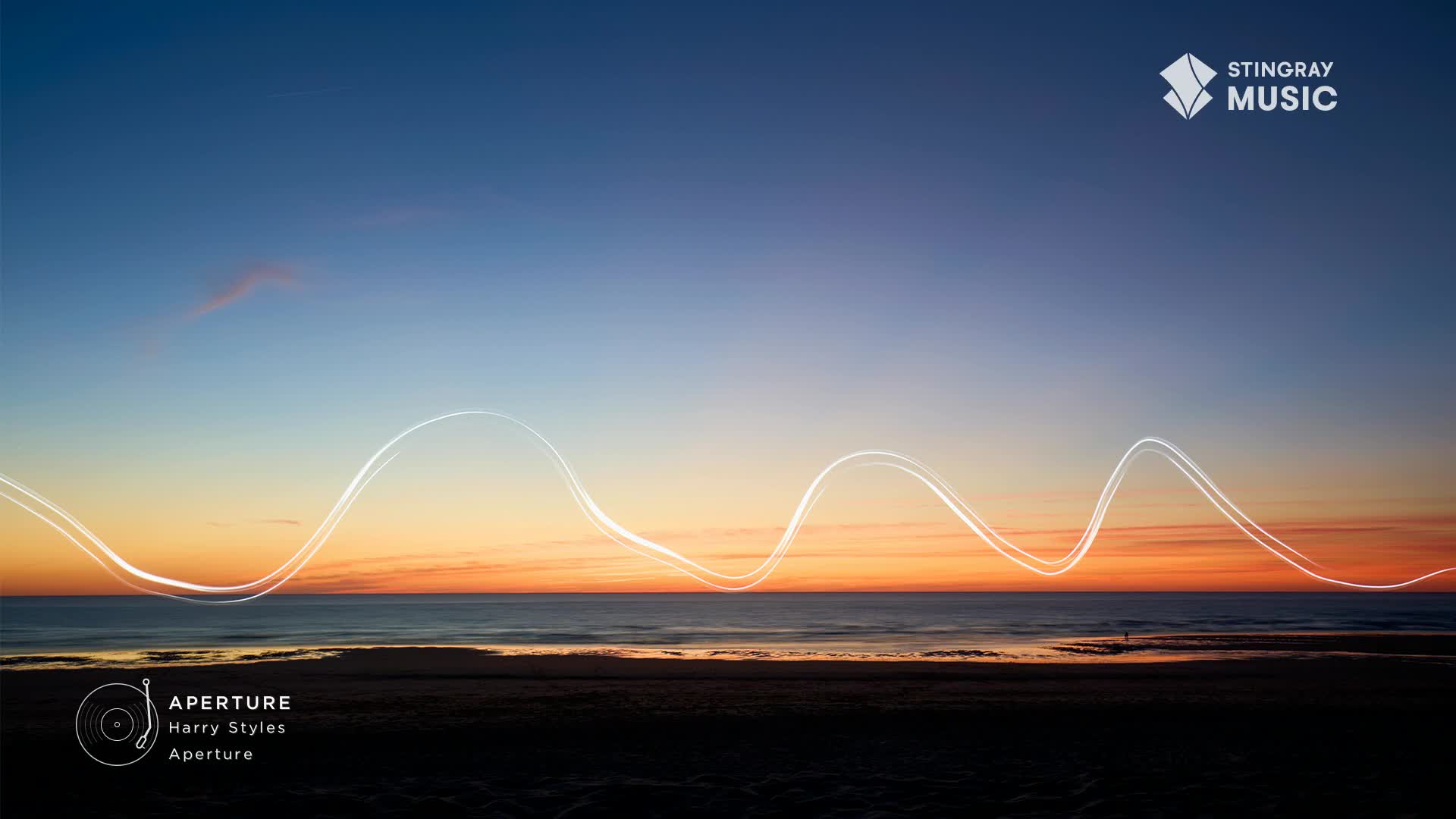 The sky bleeds orange and blue over a calm ocean, with a single figure walking on the dark sand. A bright, wavy line, like a sound wave, cuts across the horizon.