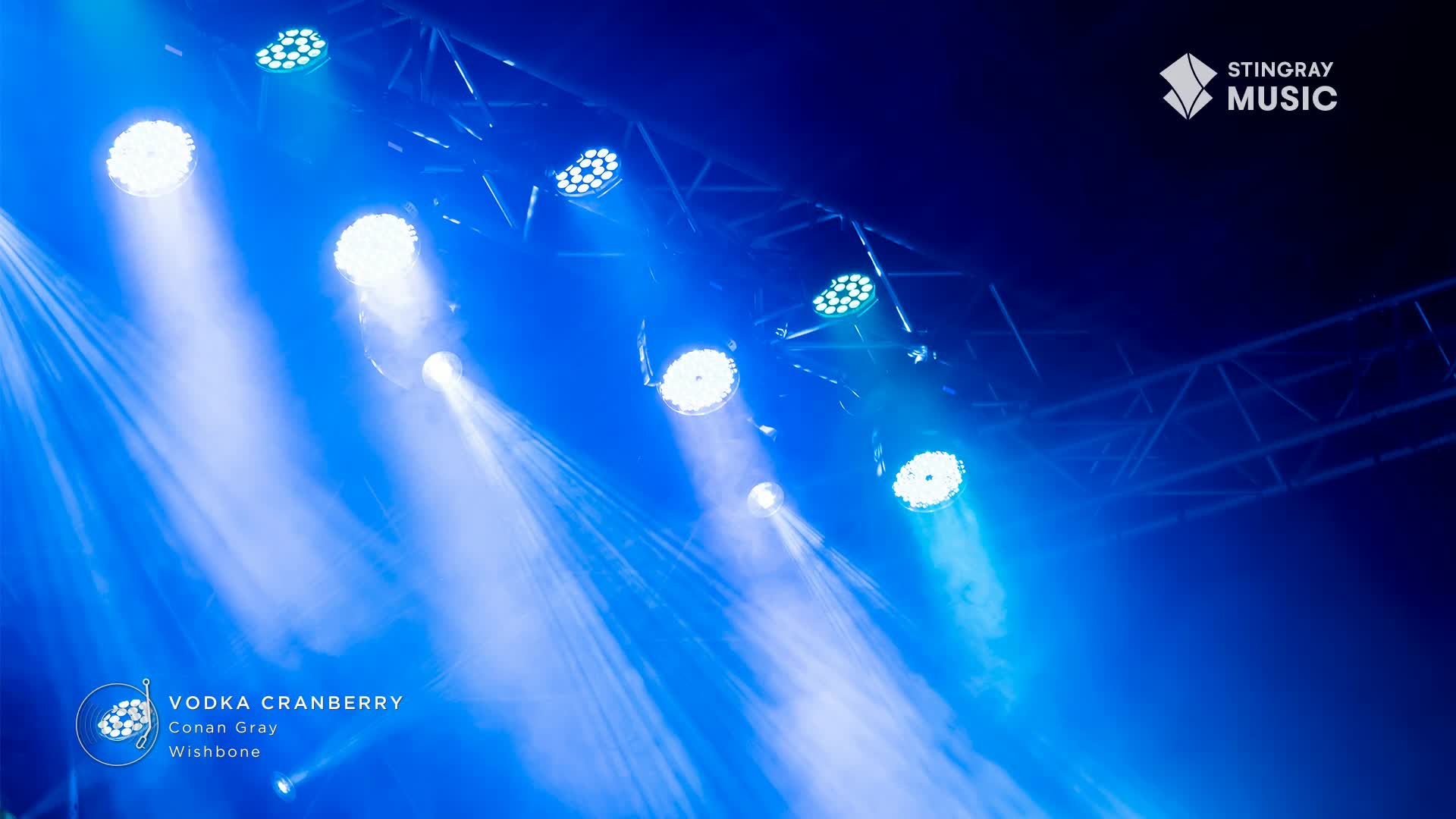 Bright white spotlights cut through the blue haze of the stage. A Stingray Music logo is visible in the upper right corner.