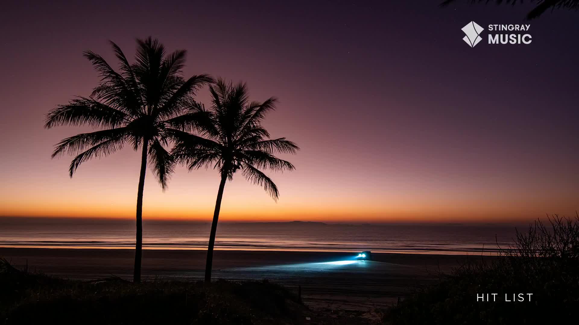 A vehicle drives along the wet sand, its headlights cutting through the twilight. Palm trees stand silhouetted against a sky painted with hues of orange and purple.