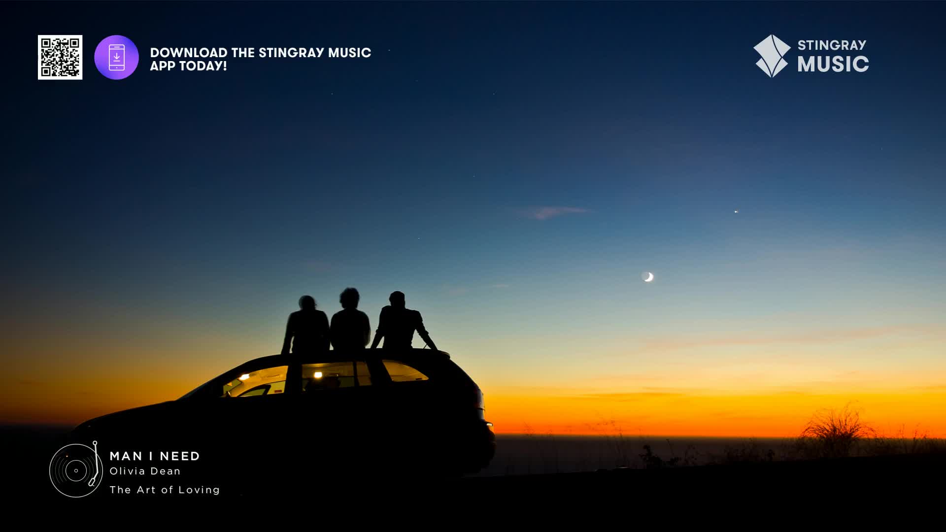 Three figures sit silhouetted on top of a car, overlooking a vast expanse of water as the sky transitions from deep blue to fiery orange. The crescent moon hangs in the twilight, a gentle reminder of the approaching night.
